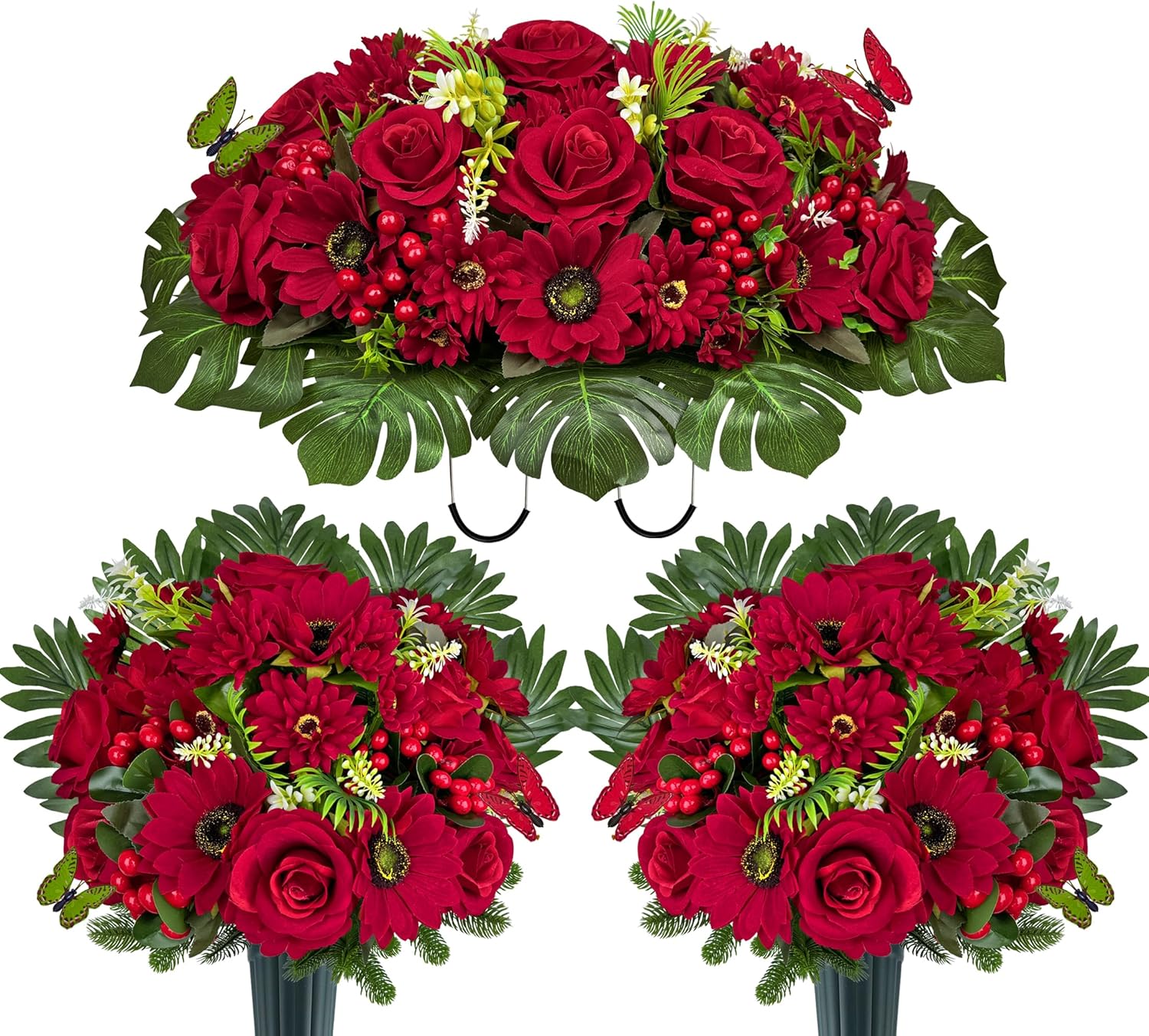 HENOMO Velvet Cemetery Flower for Grave Decorations,Headstone Flower Saddle-Red Rose Mum and Berry-Non-Bleed Colors,1 Saddle 2 Bouquets with Vases