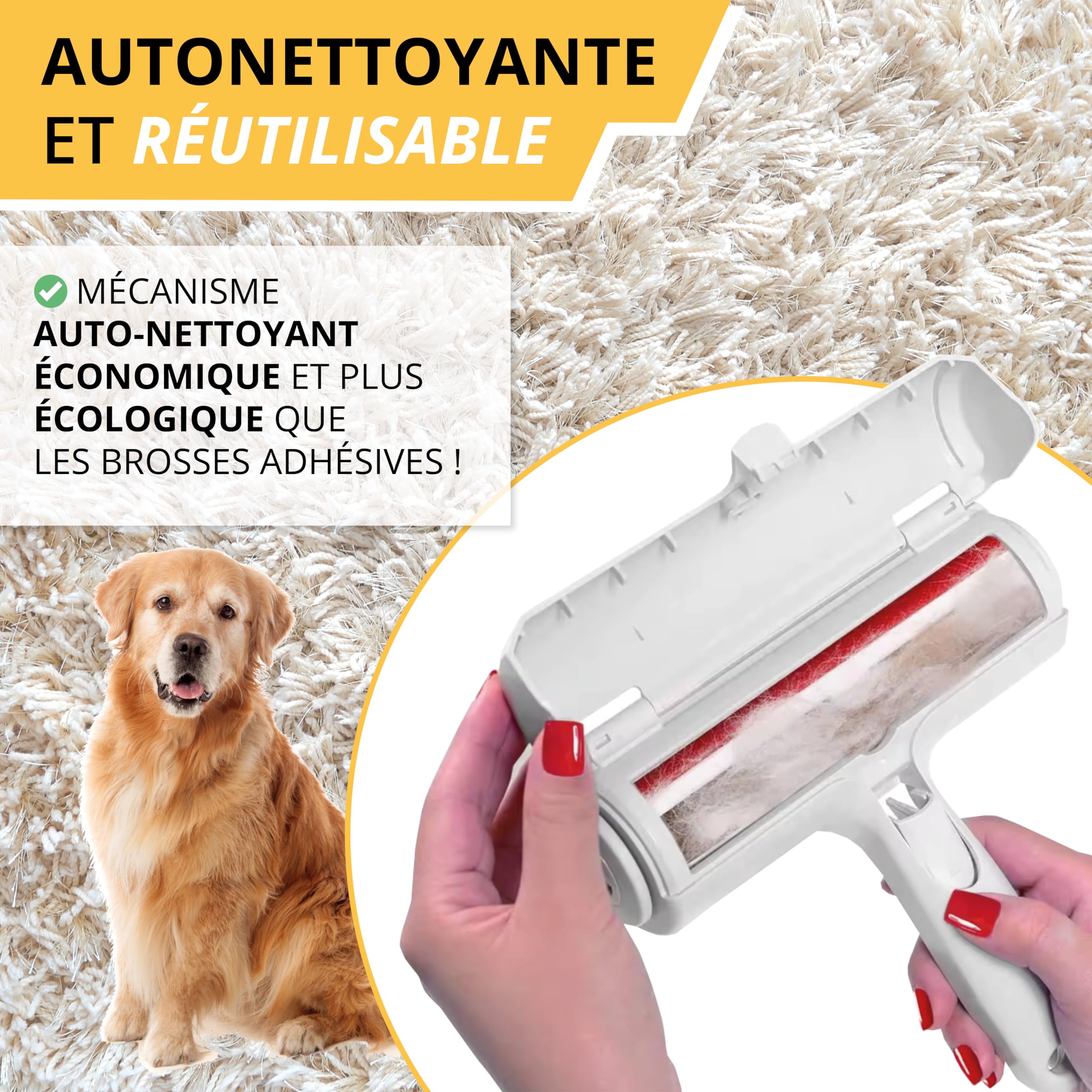 Brosse Anti-Poils Pour Chat et Chien - Autonettoyante Pour Poil Court ou Long - Rouleau Idéal Pour Animaux