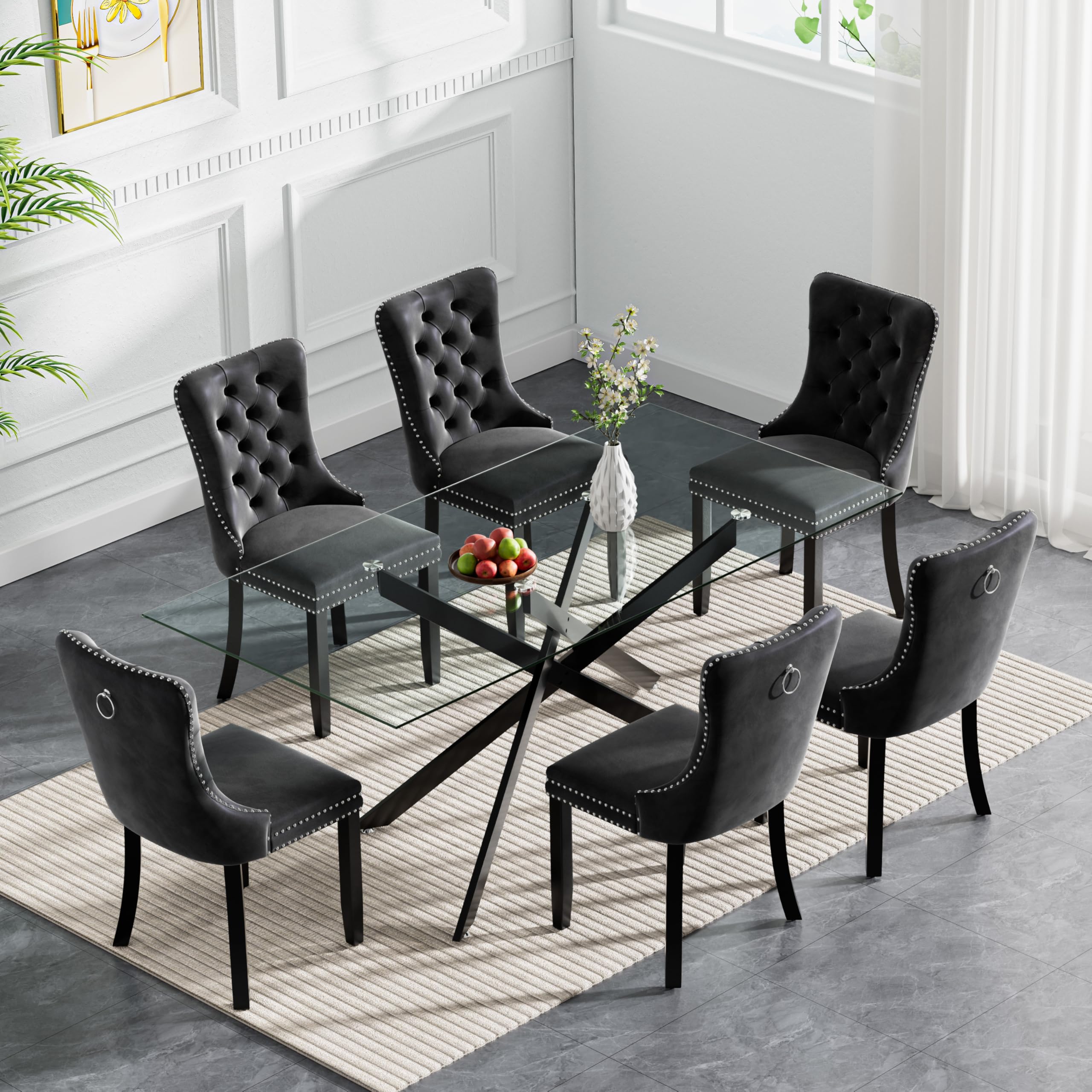 KUVADAZ 7-Piece Modern Black Glass Dining Table Set