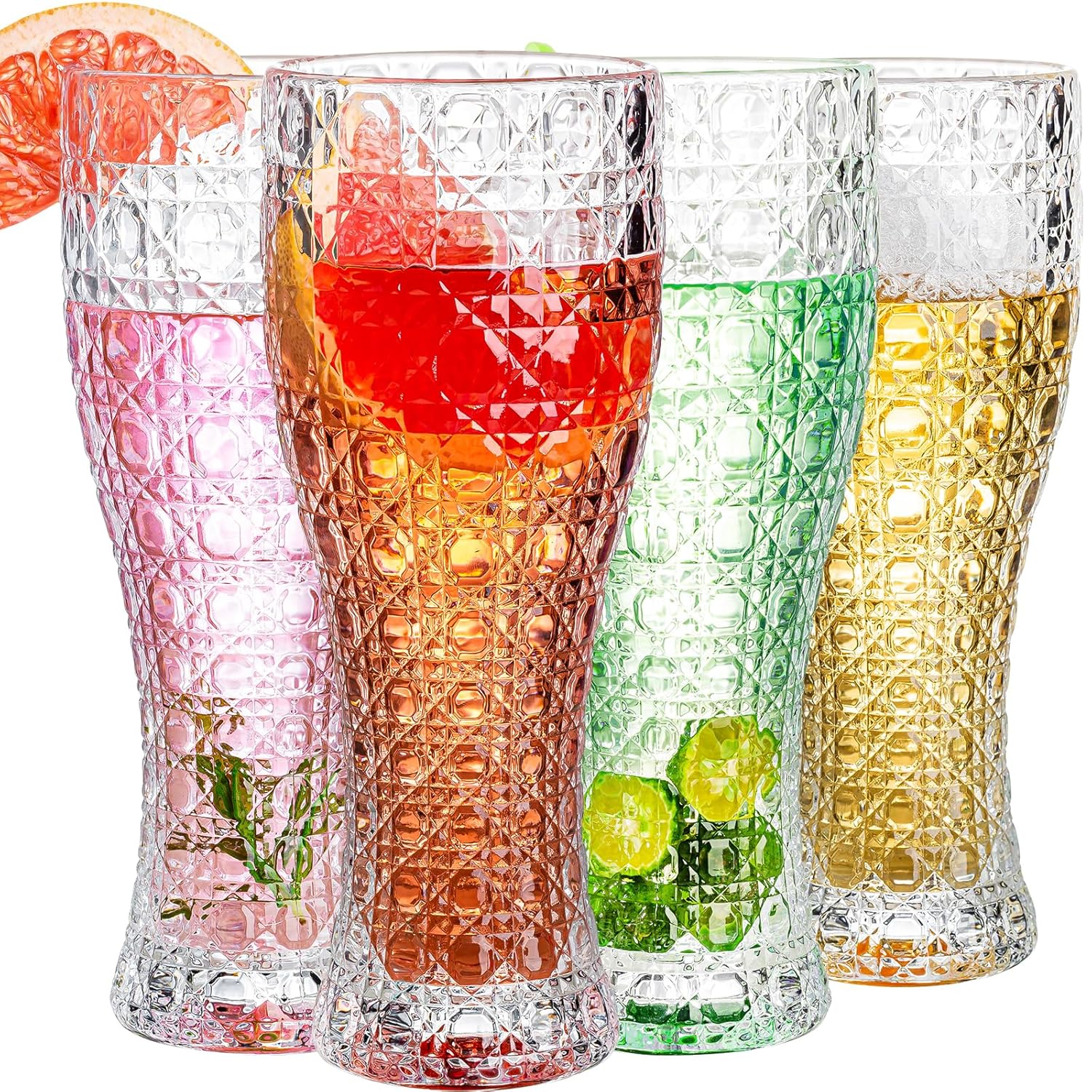 Romantic Highball Glasses Set of 4 Vintage Drinking Glasses 15 oz Embossed Designed Glass Cups Tall Water Glass
