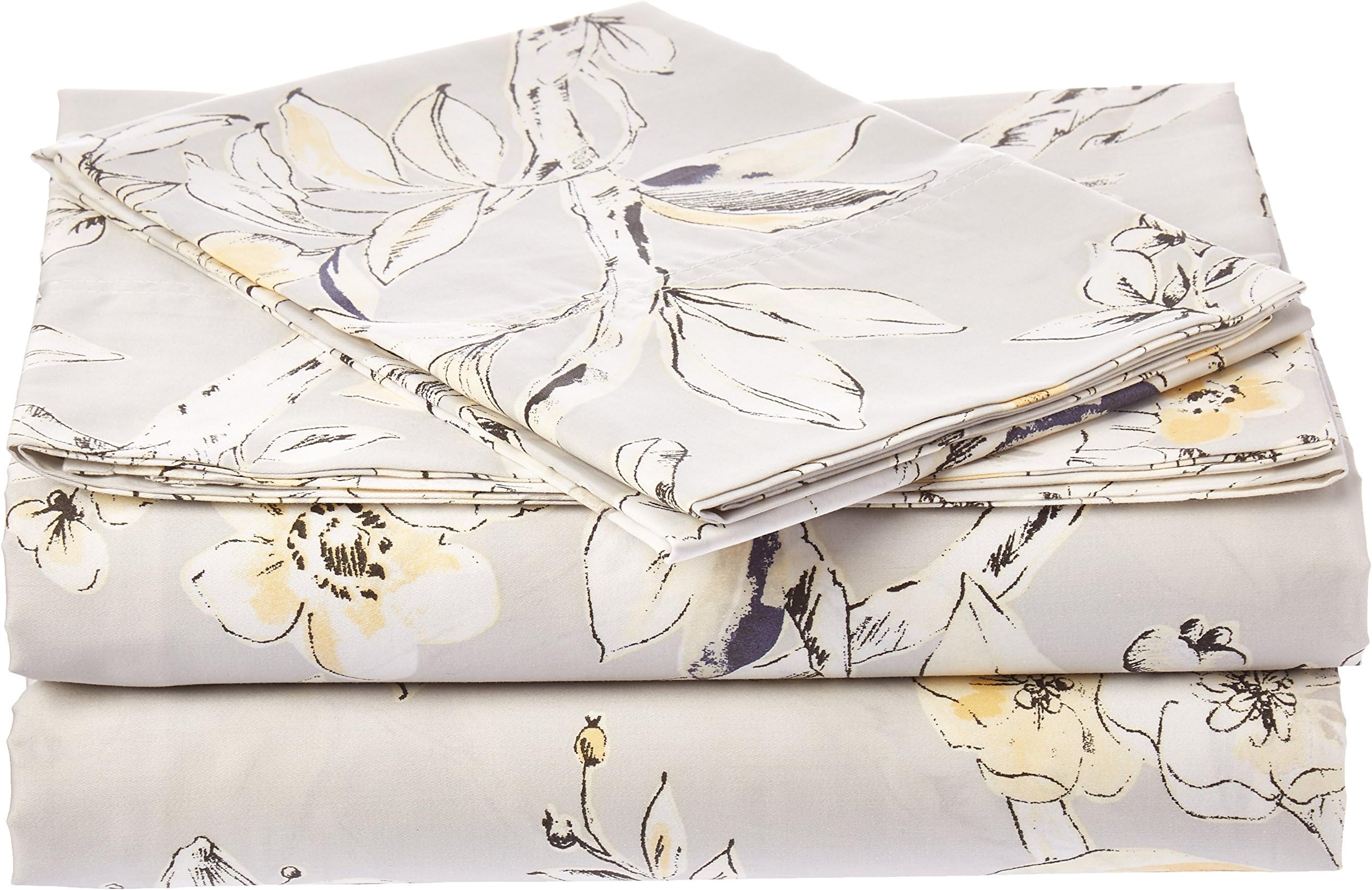 Tribeca LivingTwin Bed Sheet Set, Soft Cotton Sateen Printed Sheets Floral Print, Extra Deep Pocket, 300 Thread Count, 3-Piece Bedding Sets, Silver Grey/Multi, (COLM4PSSTWSG)