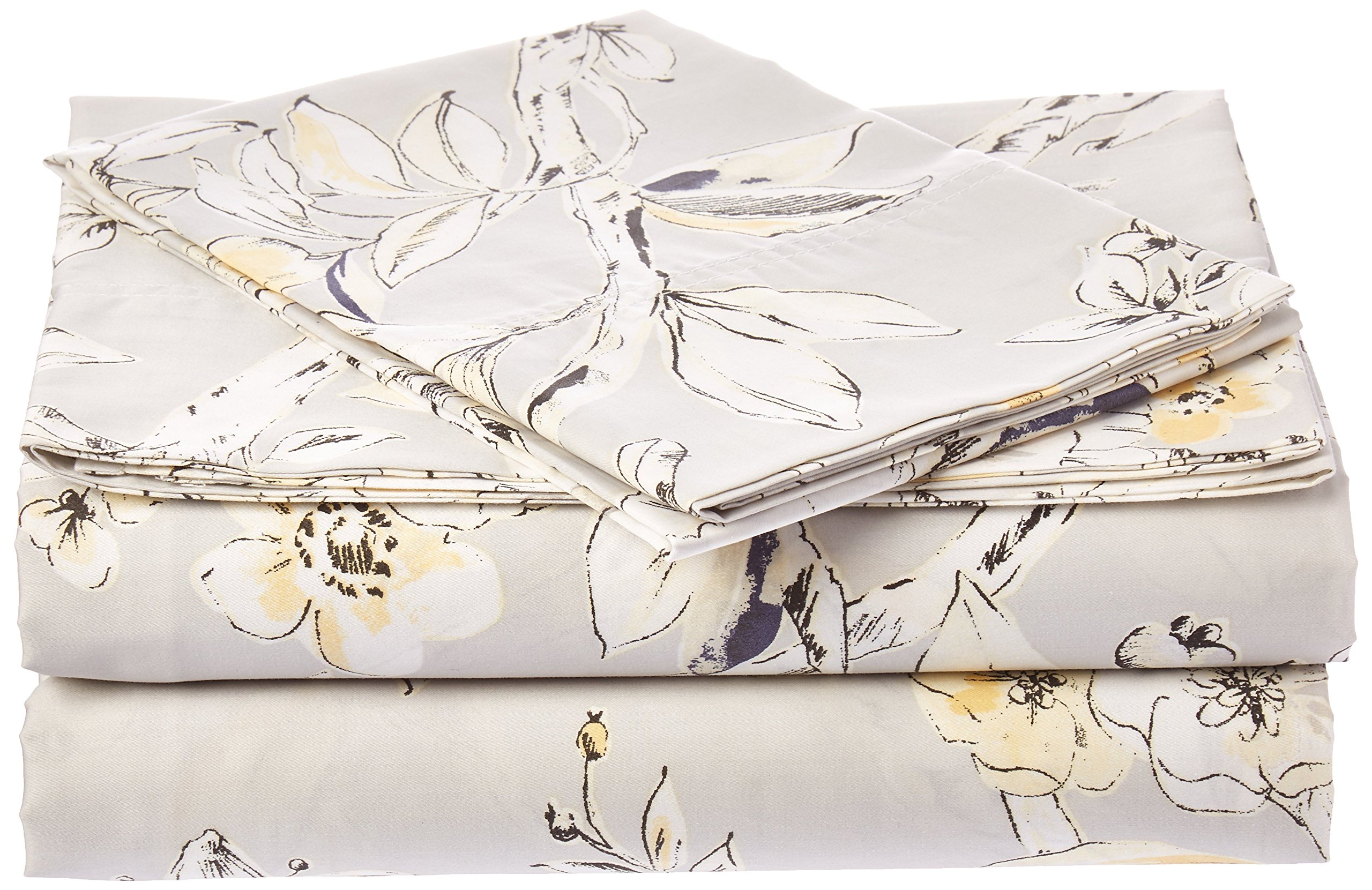 Tribeca LivingTwin Bed Sheet Set, Soft Cotton Sateen Printed Sheets Floral Print, Extra Deep Pocket, 300 Thread Count, 3-Piece Bedding Sets, Silver Grey/Multi, (COLM4PSSTWSG)