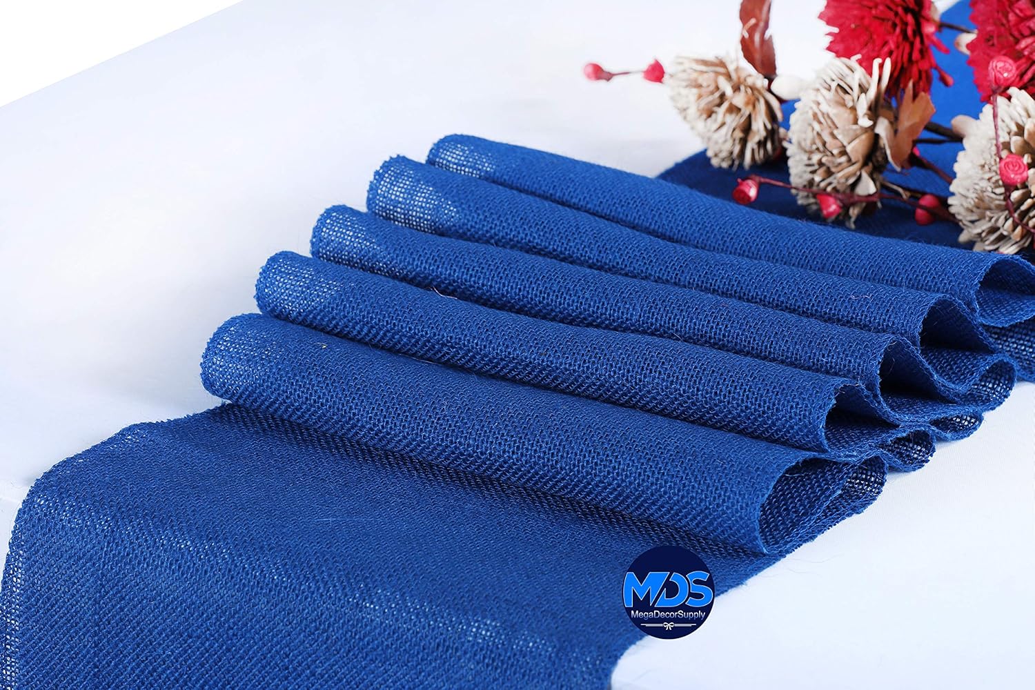 MDS 10 PCS 100% Natural Burlap Table Runners 12 x 72 Inch Rustic Farmhouse Country Vintage Boho Jute Runner for Wedding Home BBQ's Coffee Tea Party Dinning Table Decorations - Royal Blue