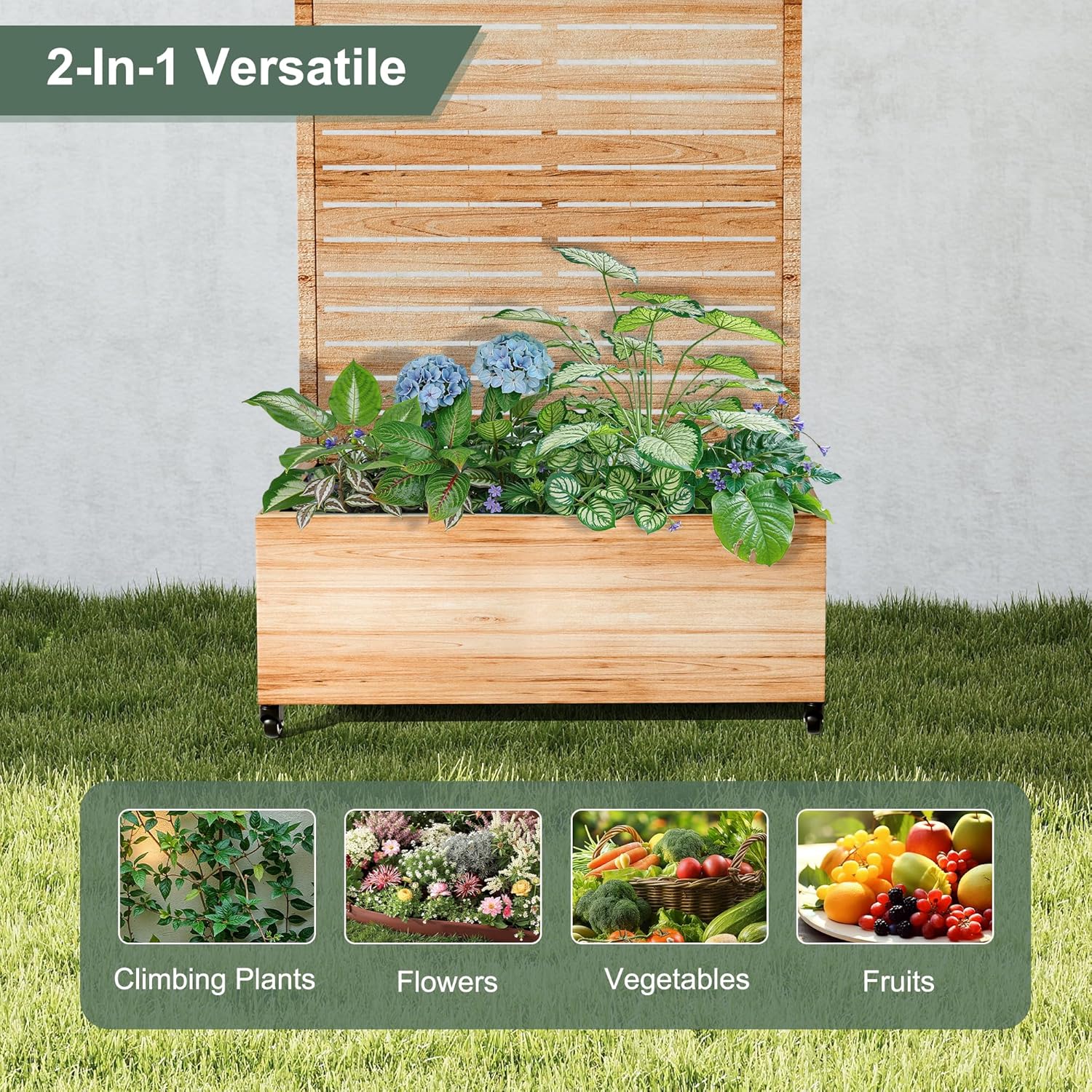 Metal Planter Box with Trellis for Patio, Privacy Planter with Trellis, Standing Planters Boxes with Privacy Screen, Drainage Holes for Climbing Plants (35" L, Arch White Wood Grain)