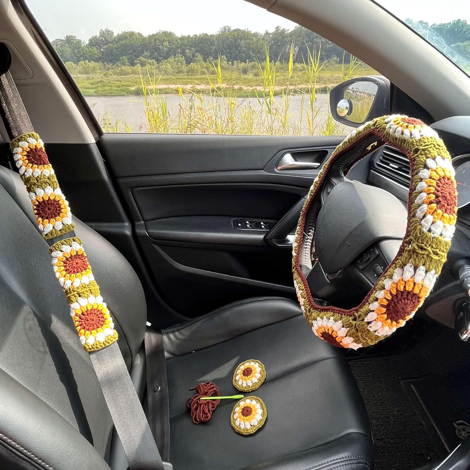 Crochet Steering Wheel Cover Set,Cute Car Steering Wheel Cover Boho 14-15in,Handmade Sunflower Granny Square Pattern Gift for Women Car Accessories for Vehicles (Wheel Cover Set), HZYZW-76