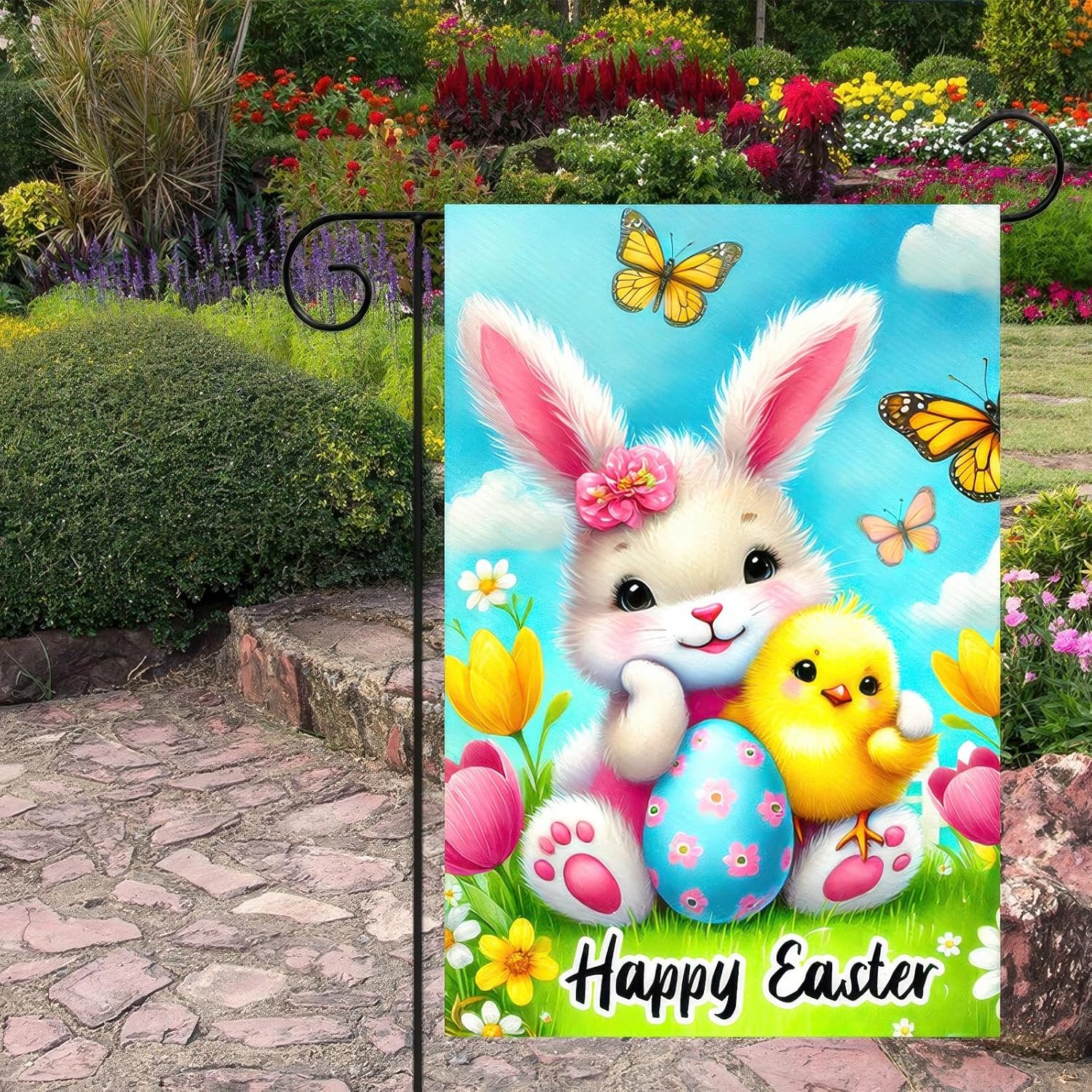 Happy Easter Garden Flag Double Sided 12x18 Inch Cute Bunny Yard Flags Easter Spring Colorful Egg Chick Butterfly Outdoor Decorations for Outside Garden Patio Lawn Yard Décor - Image 5
