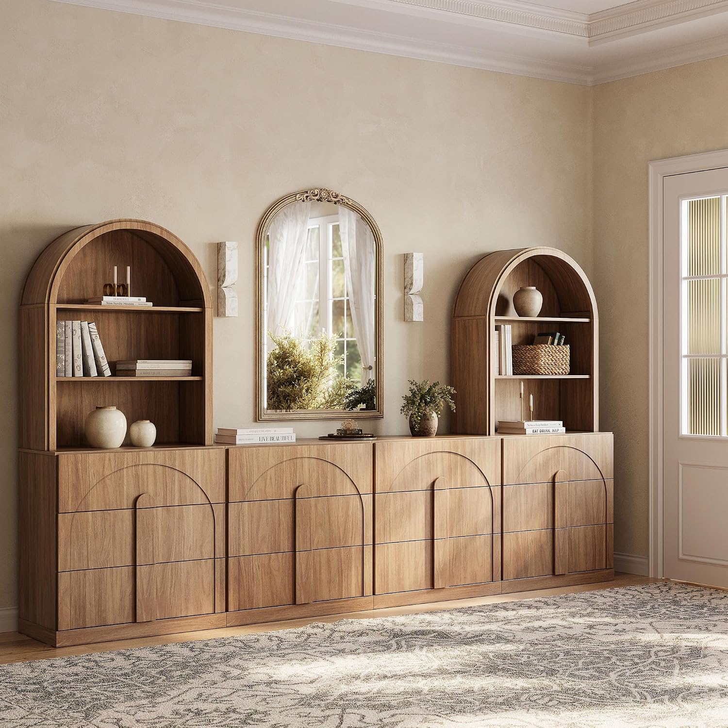  4 Piece Modular TV Stand with Storage, Modern 2 Entertainment Center with Arched Hutch and 2 Wood Cabinets with 3 Drawers, Media Console for Living Room, Camel thumbnail