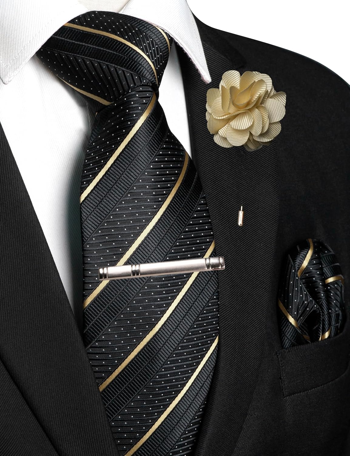 JEMYGINS Mens Striped Tie and Lapel Pin Necktie Pocket Square with Tie Clip Sets for Business Casual 4PCS - Image 2