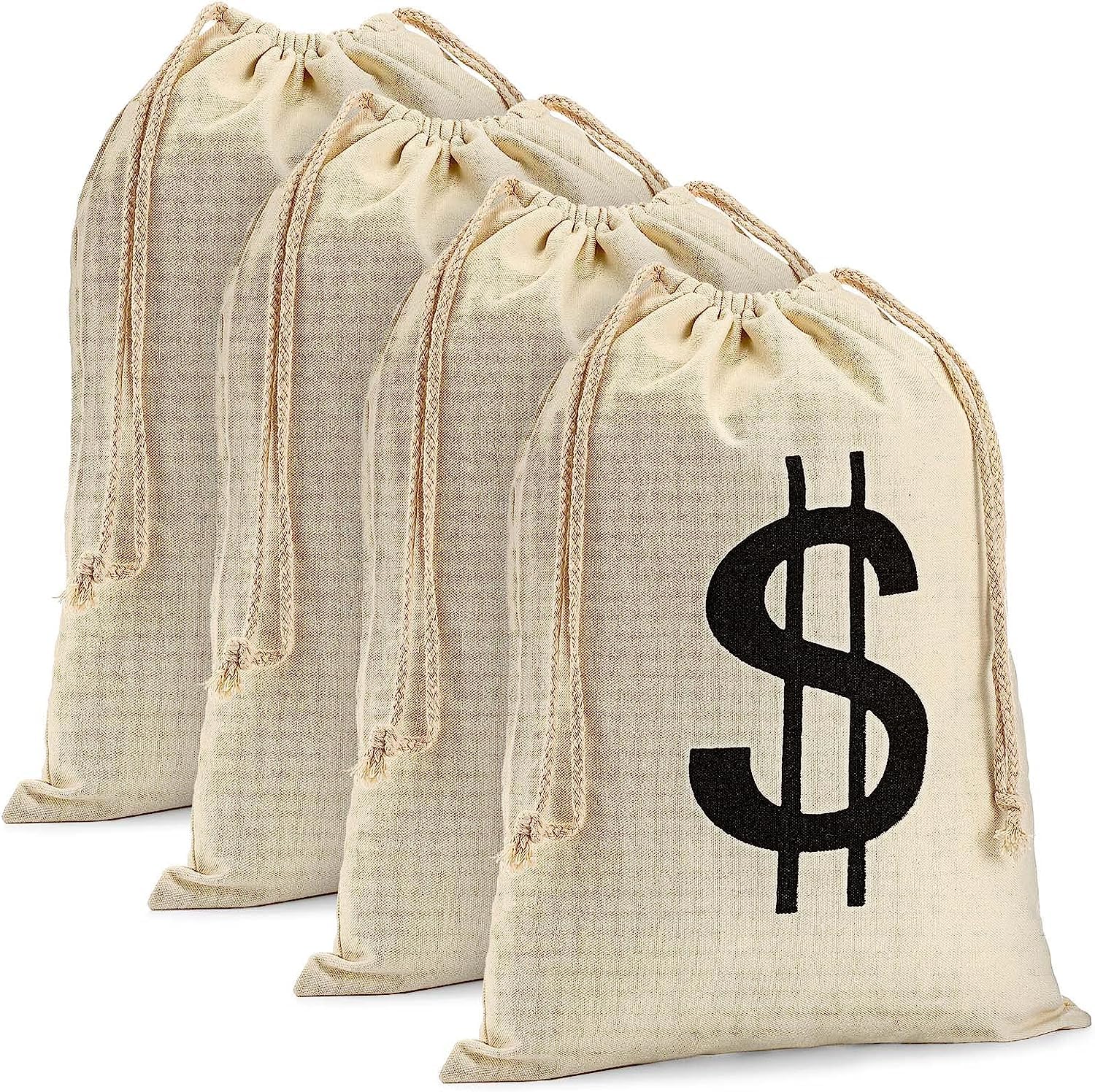 Grahoe 4PCS Money Bag Dollar Sign Bag Money Drawstring Bag Canvas Bag with Dollar Symbol for Toy Favor Cosplay Themed Party Prop Money Bag Halloween