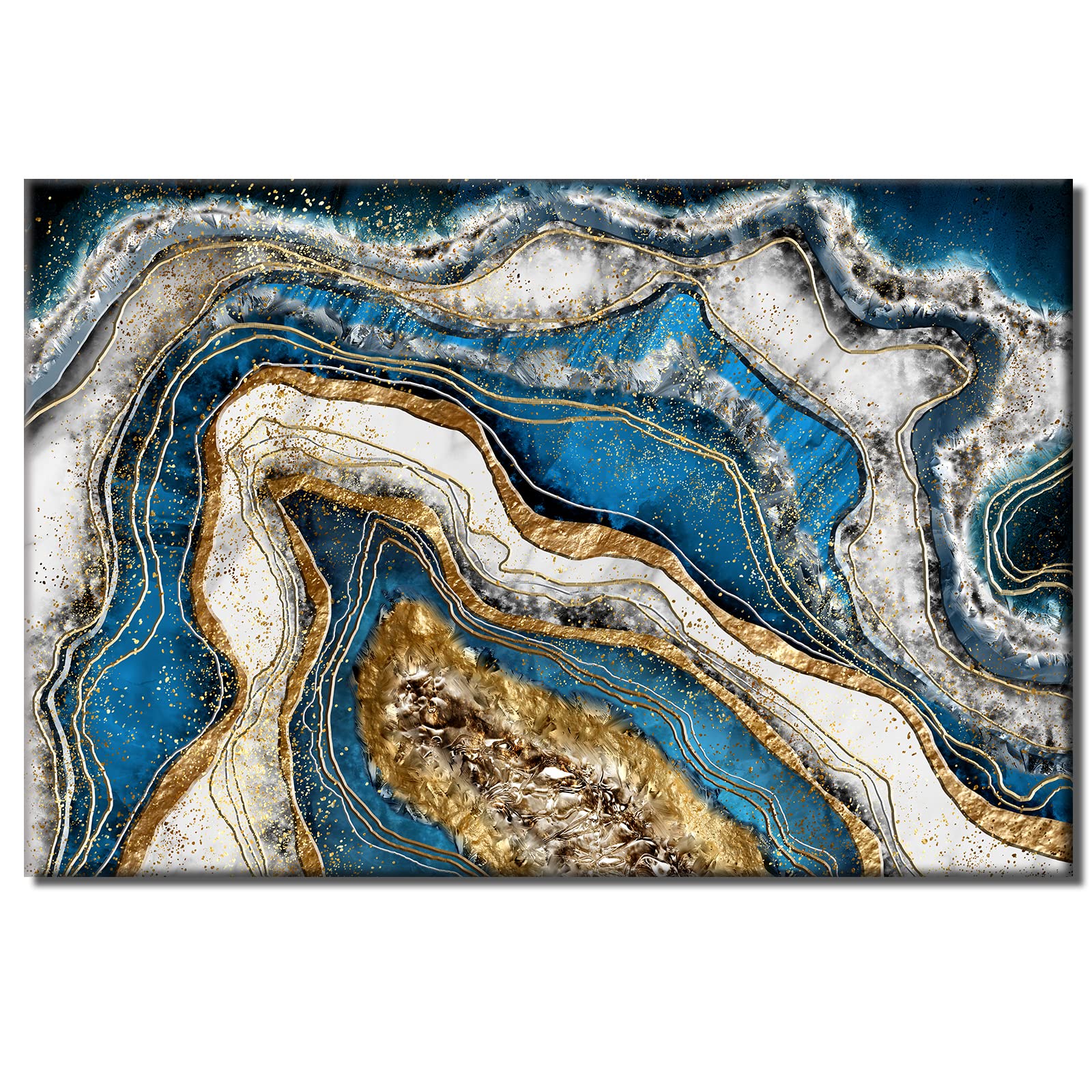 Blue and Gold Wall Decor Abstract Marble Wall Art Canvas Prints for Living Room Office Bedroom 32x48 Watercolor Alcohol Fluid Ink Painting Nordic Modern Texture Artwork Framed Home Decorations