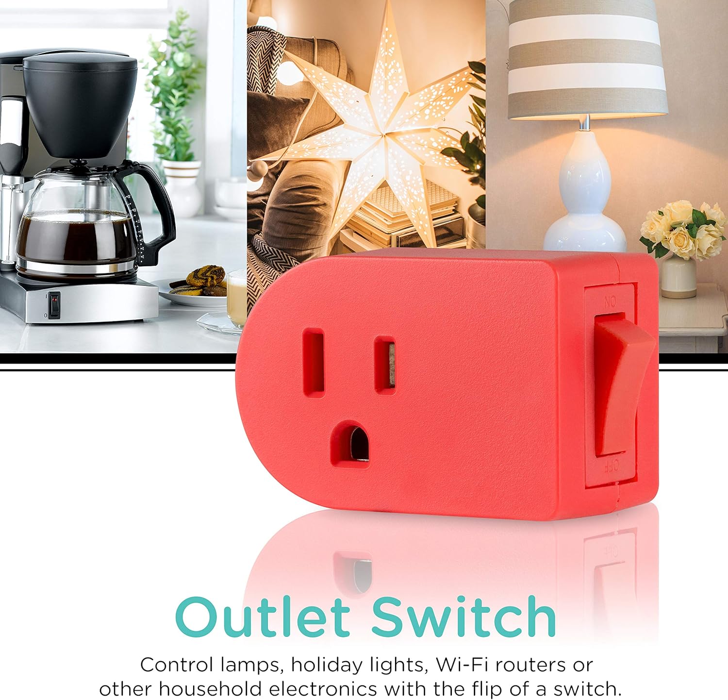 Cordinate Grounded Outlet On/Off Power Switch, 3 Prong, Plug in Adapter, Easy to Install, For Indoor Lights and Small Appliances, Energy Saving, Coral, 49971, 1 Pack - - 