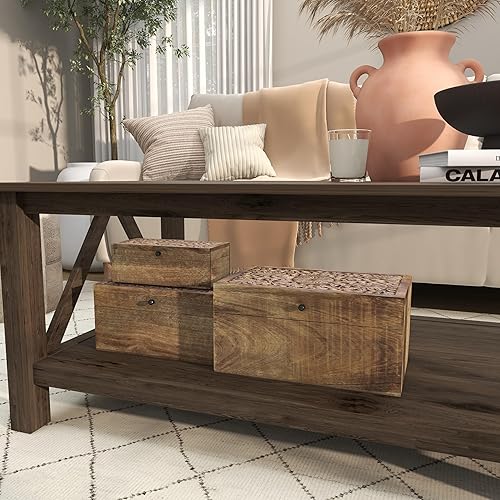 Miniatura 7 de Deco 79 Caja decorativa de madera de mango con diseño floral hecho a mano, cajas de recuerdo decorativas con tapa con bisagras, juego de 3 cajas de