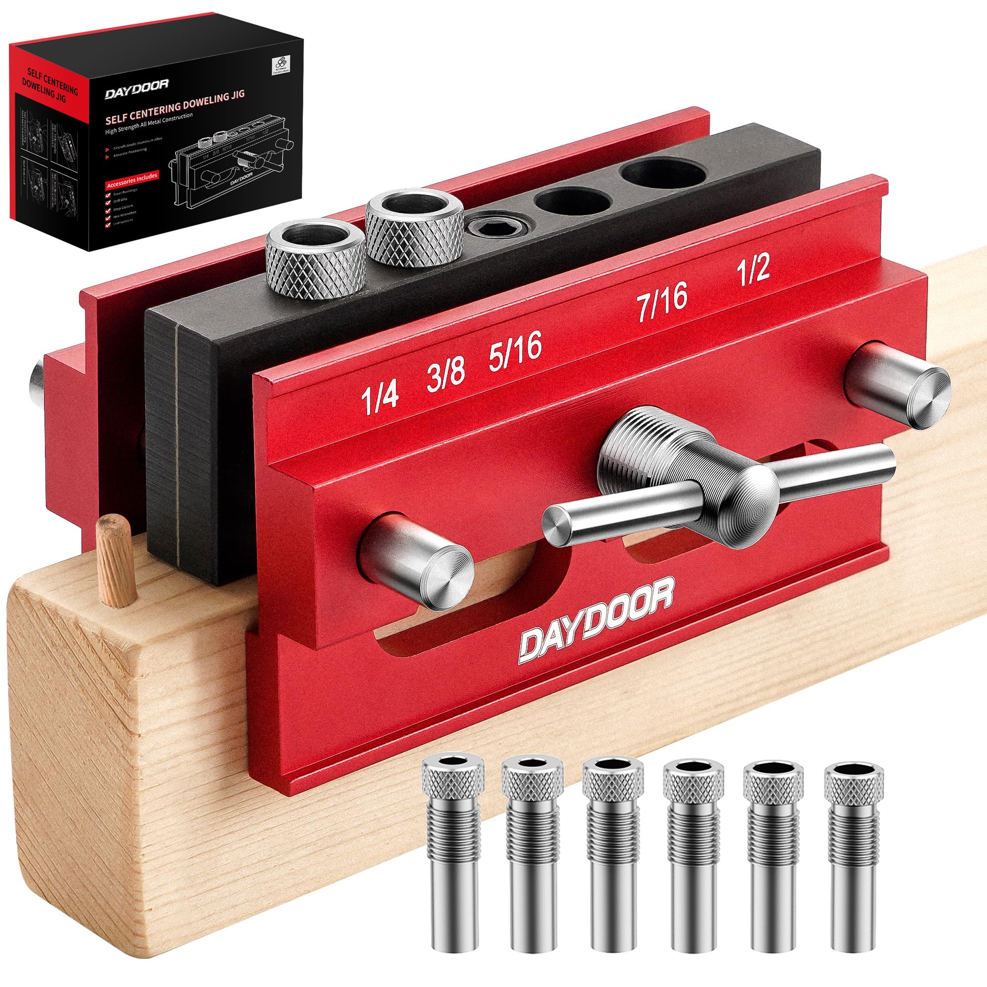 DAYDOOR 2.1" Self Centering Dowel Jig, Universal Capacity Doweling Jig & Drill Guide for Woodworking, Complete Kit with 6 Steel Bushings for Straight