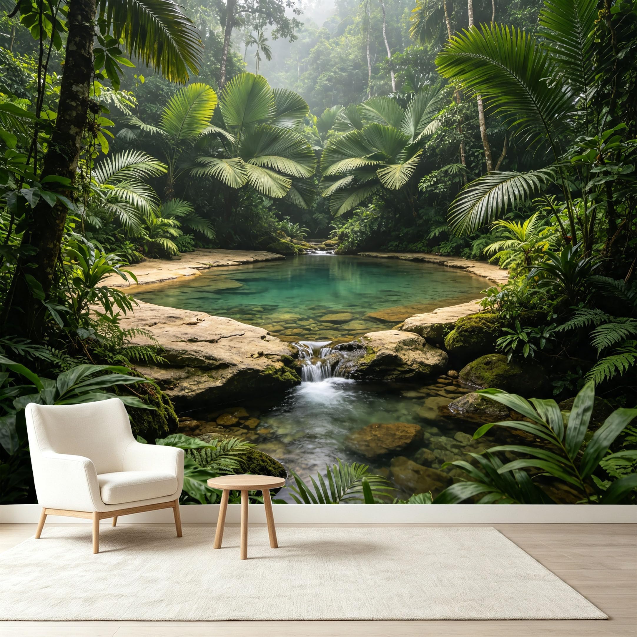 Custom Size Wall Murals Tropical Jungle Rainforest Botanical Lake Waterfall Self-Adhesive Wall Fabric Removable Wallpaper Wall Decor for Living Room Bedroom Bathroom