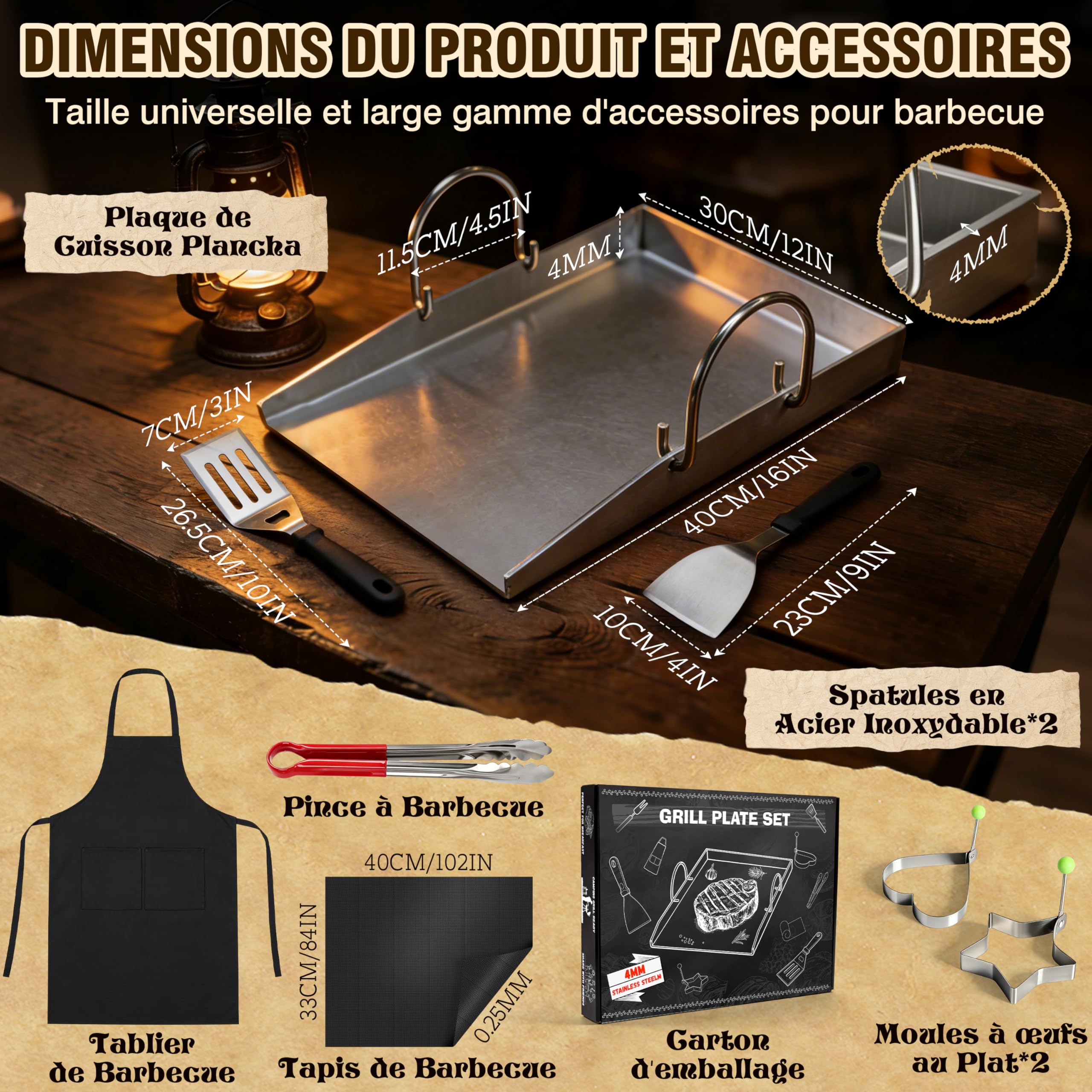 JONRRYIN Plancha Plaque de cuisson 40 x 30 cm, Acier Inoxydable épais avec 2 Spatules, Poignée Amovible pour Barbecue Gaz et Charbon