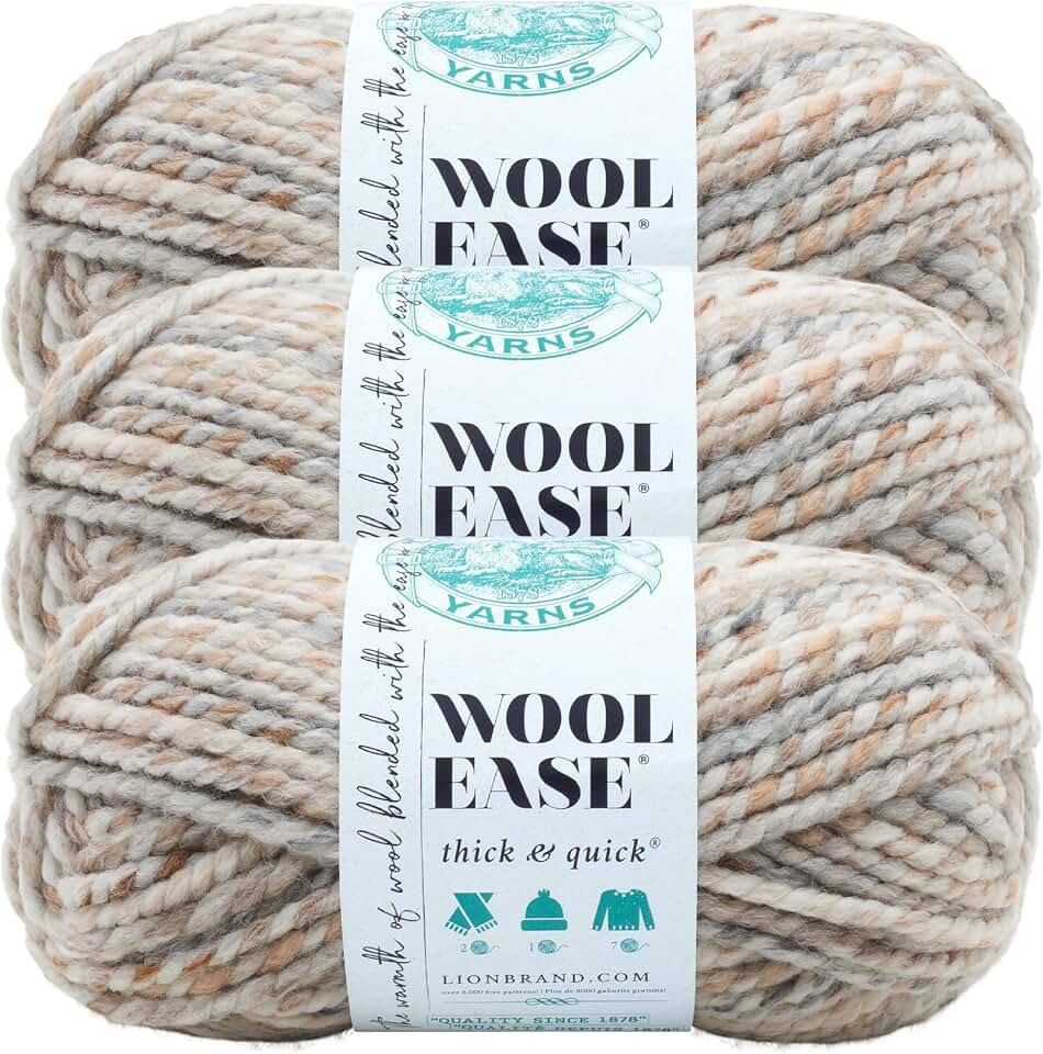 Lion Brand Yarn Wool-Ease Thick and Quick Yarn, Soft and Bulky Yarn for Knitting, Crocheting, and Crafting, 3 Pack, Fossil