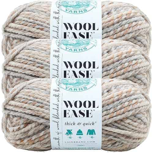 Lion Brand Yarn Wool-Ease Thick and Quick Yarn, Soft and Bulky Yarn for Knitting, Crocheting, and Crafting, 3 Pack, Fossil