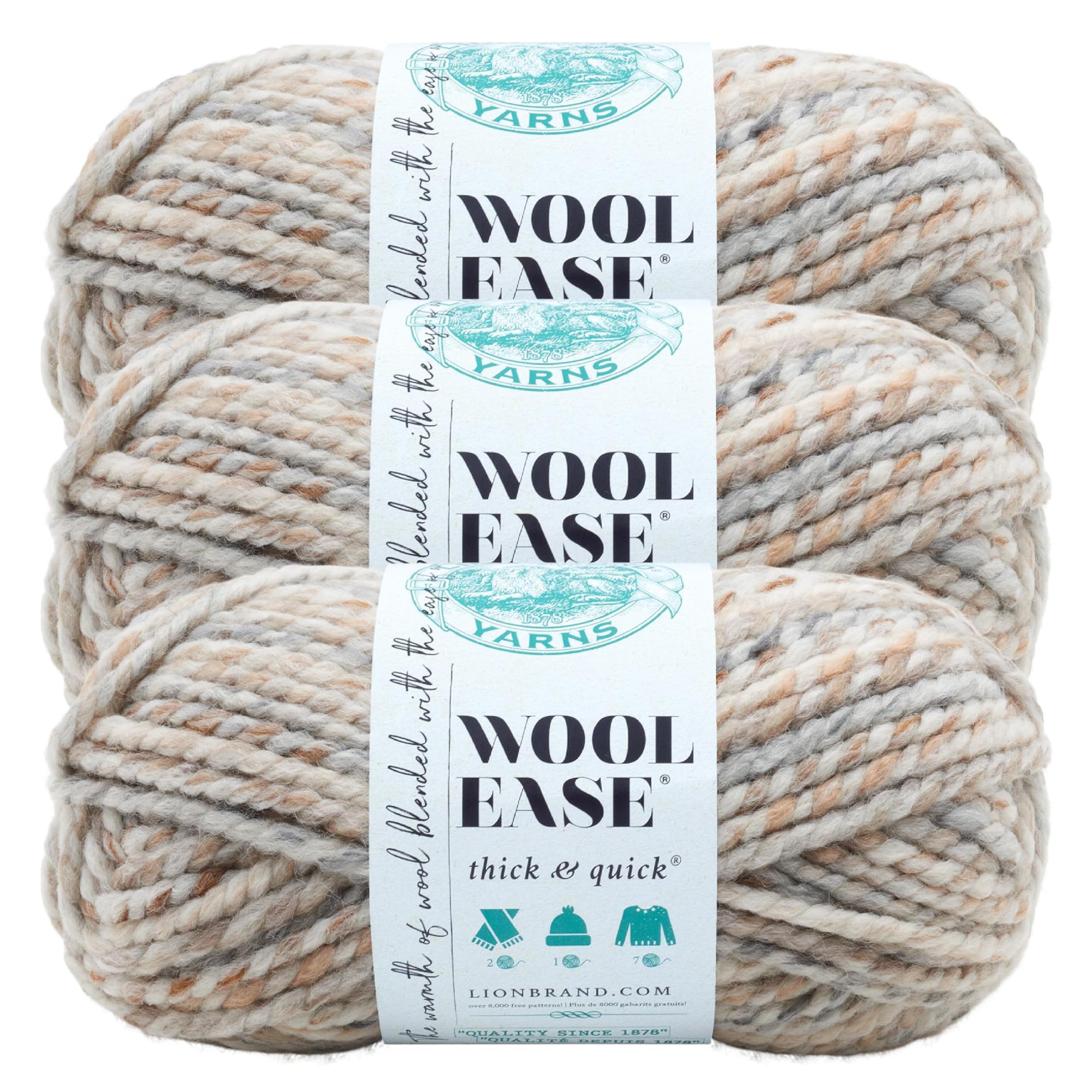 Lion Brand Yarn Wool-Ease Thick and Quick Yarn, Soft and Bulky Yarn for Knitting, Crocheting, and Crafting, 3 Pack, Fossil