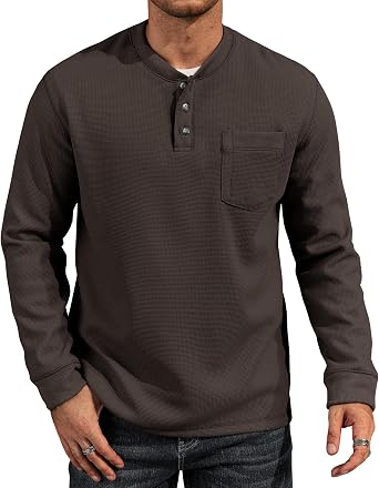 Mens Waffle Fleece-Lined Henley Shirts Heavyweight Thermal Long Sleeve Casual Knit Pullover S-XXL