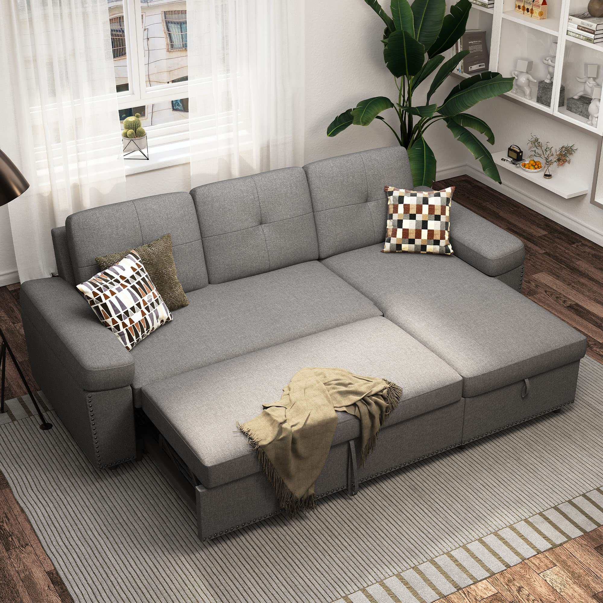 HONBAY Reversible Sectional Sofa Sleeper Couch Pull Out Sofa Bed L Shape Couch with Storage Chaise,Light Grey