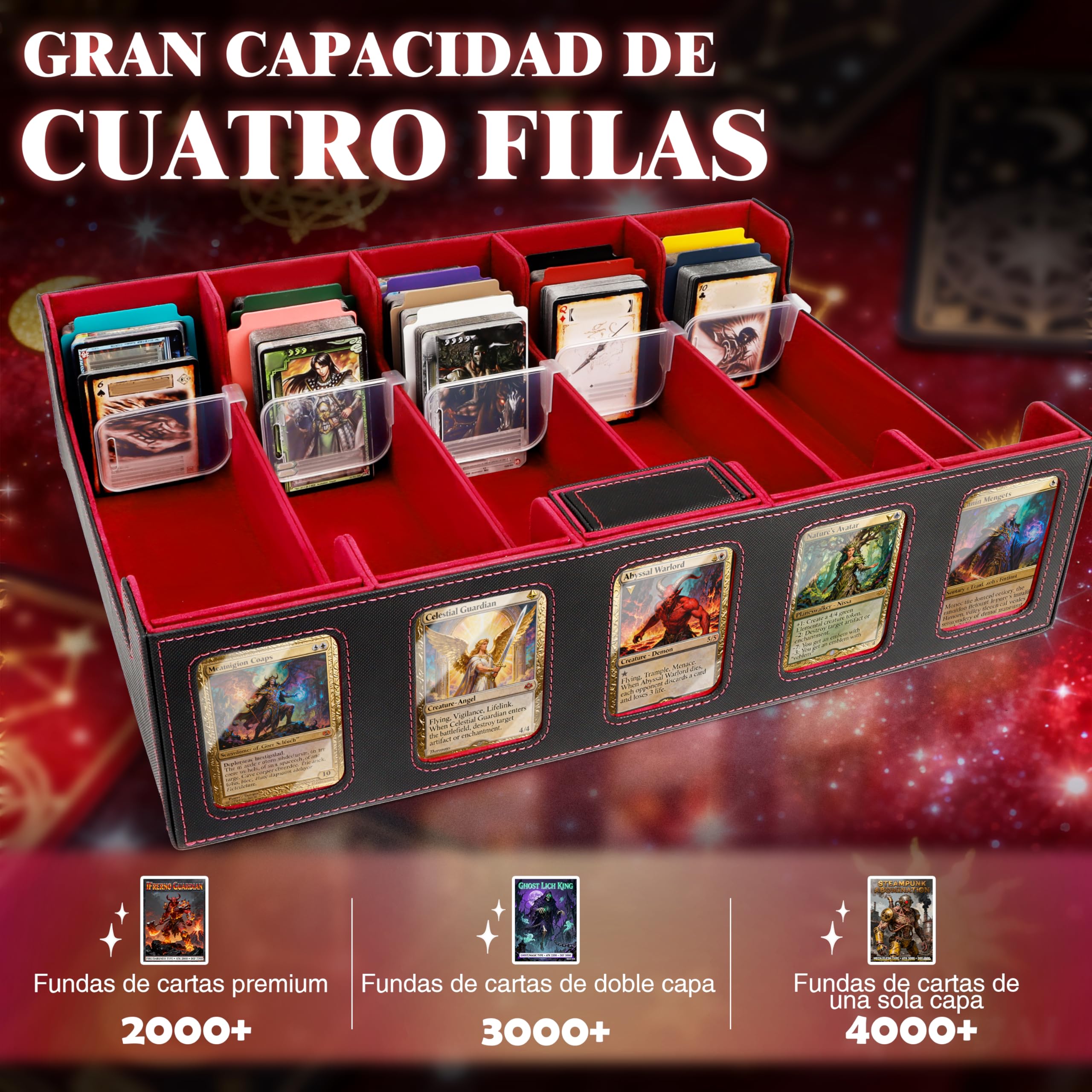 Charmofun Caja Cartas Magic para 2400+ Cards, Deck Box con 10 Divisores de Colores,1 Bandeja, 4 Clips De Cierre, Fundas Cartas, Cajas de Cubierta Magnéticas Premium (Rojo, 3000+)
