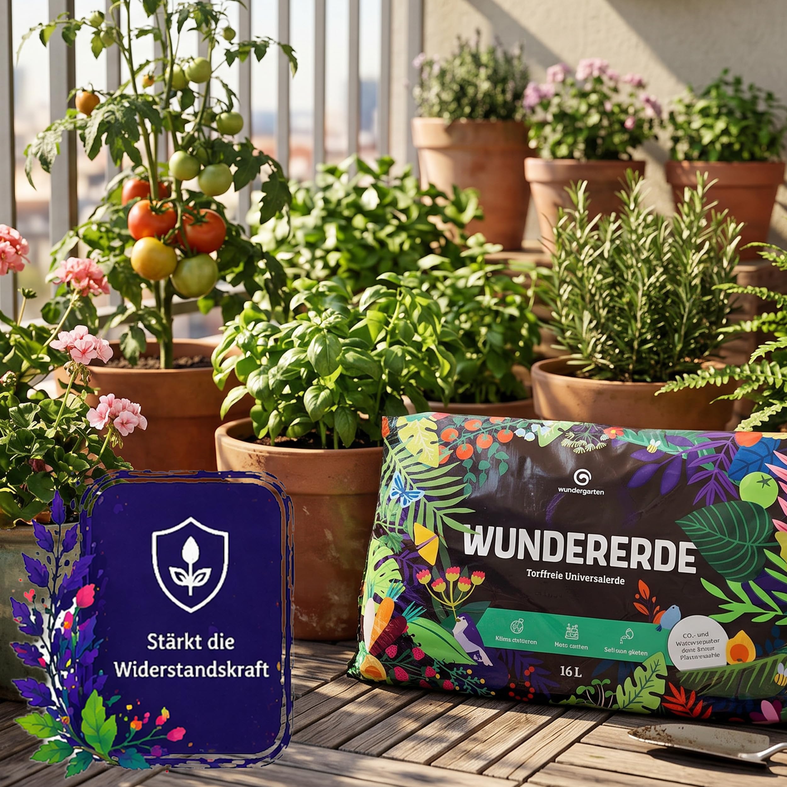 9X 16L Bio Universalerde torffrei – Mit Pflanzenkohle – Wundergarten Wundererde – Blumenerde für Zimmerpflanzen, Balkon & Kräuter – Weniger Gießen & Düngen