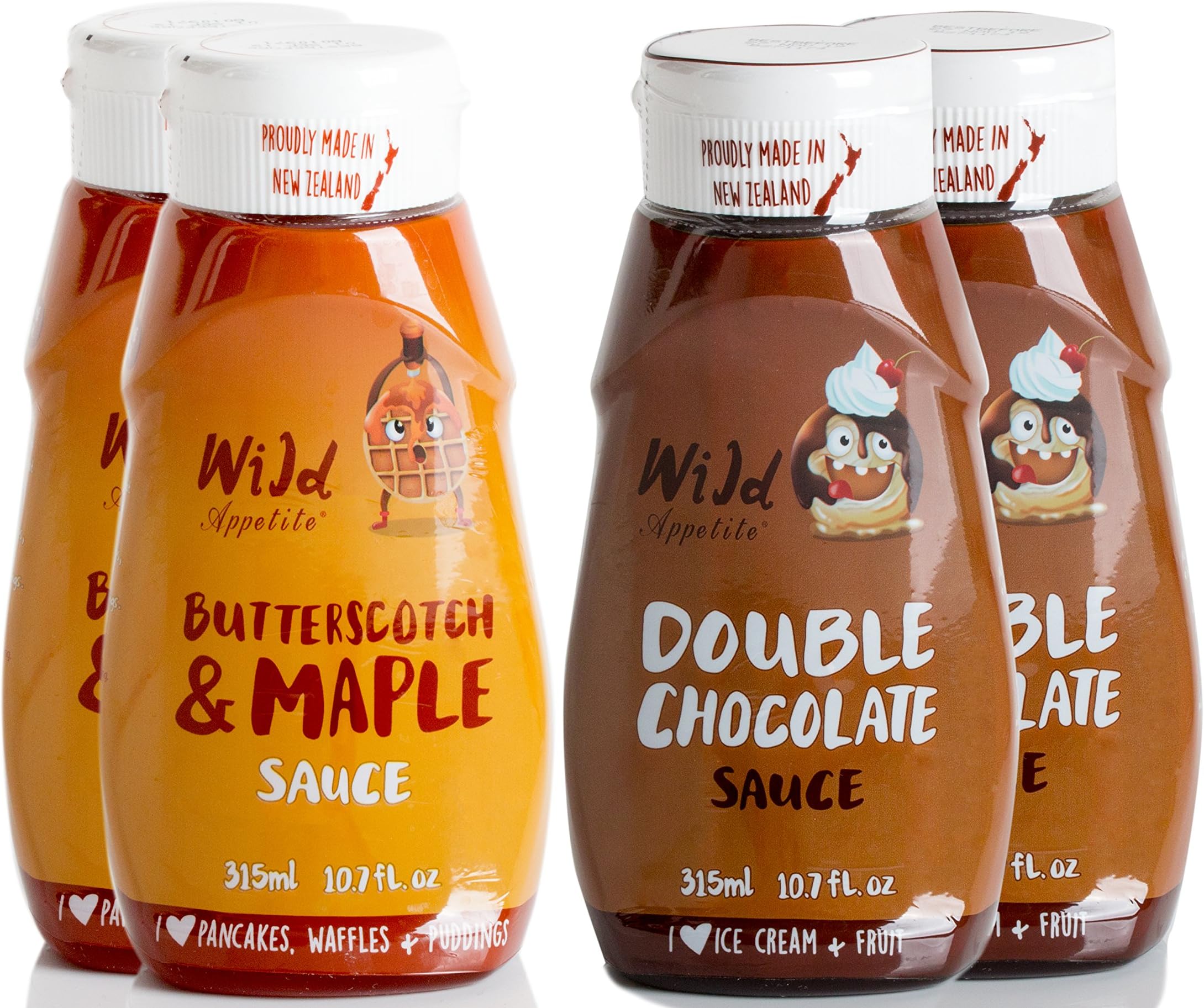 Wild Appetite Dessert 4 Pack, 2 x Double Chocolate Sauce and 2 x Butterscotch & Maple Sauce, 4 x 315ml (10.6oz)