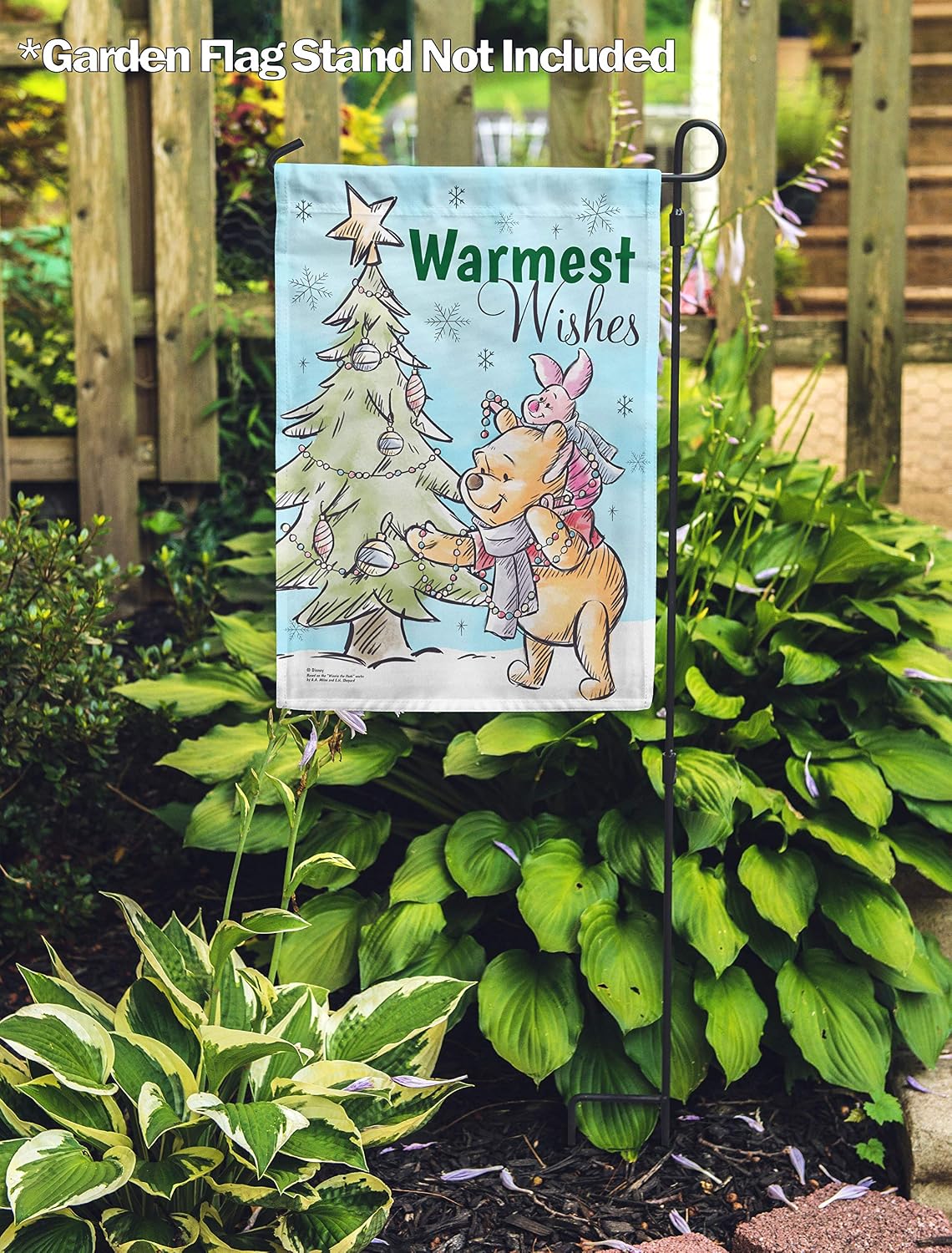 Flagology, Disney Warmest Wishes Winnie The Pooh – Garden Flag 12" x 18", Exclusive Fabric, Officially Licensed Disney, Christmas