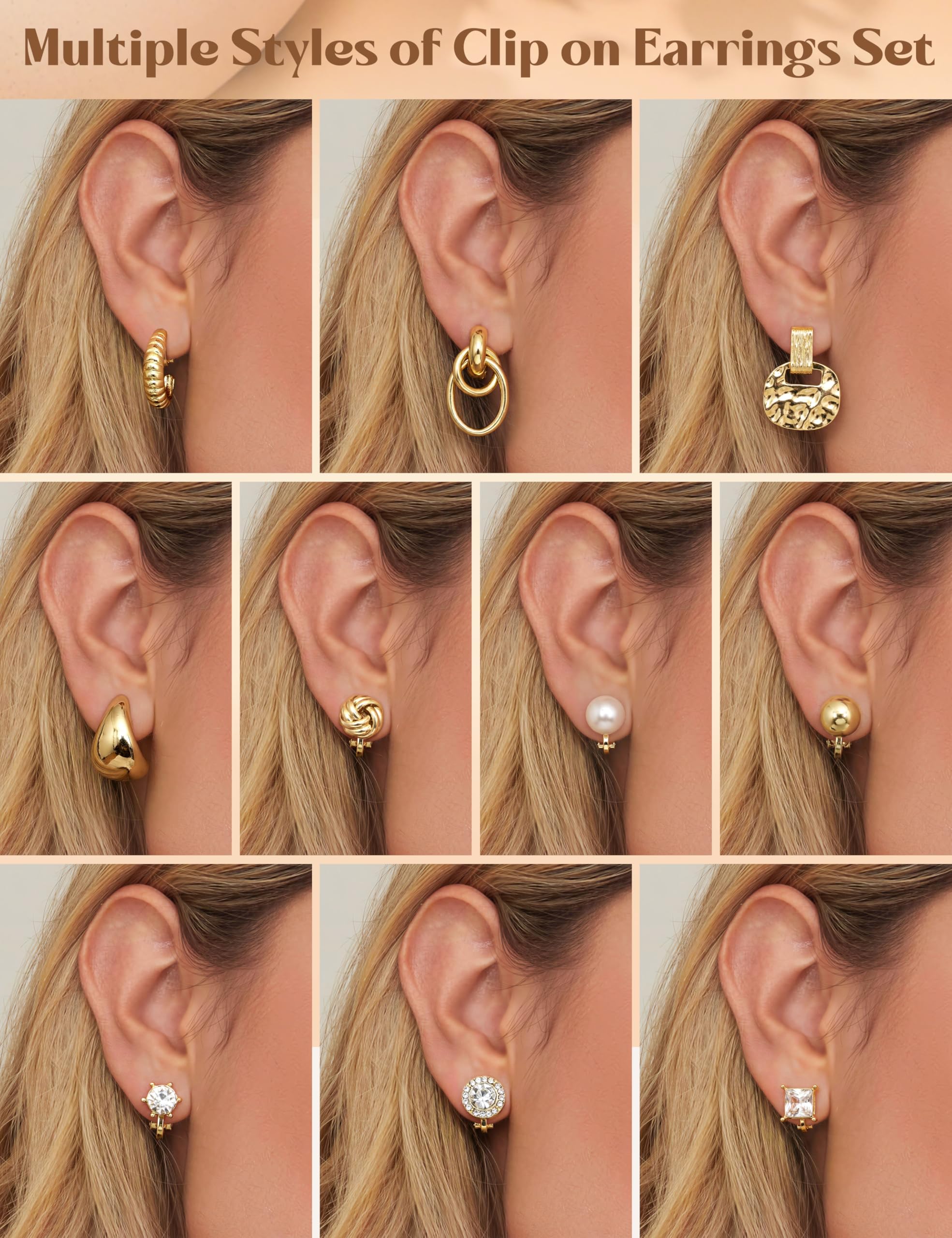 Clip-On-Ohrringe für Damen, 14 Karat vergoldet, Clip-Ohrring, Nicht durchbohrt, CZ-Perlenknoten, gedreht, klobige Creolen, Ohrclips-Set, hypoallergen, Statement-Fake-Ohrring