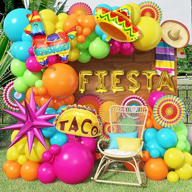 Fiesta Balloon Arch Kit, 100pcs Mexican Fiesta Party Decorations with Llama Sombrero Foil Balloons, Rainbow Balloon Garland for Cinco De Mayo Taco Twosday Birthday Carnival Party Decor Supplies