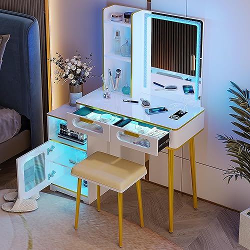 Miniatura 8 de HNEBC Escritorio de tocador con espejo y luces, juego de tocador blanco con USB B & tipo C y carga inalámbrica, tocador de maquillaje con