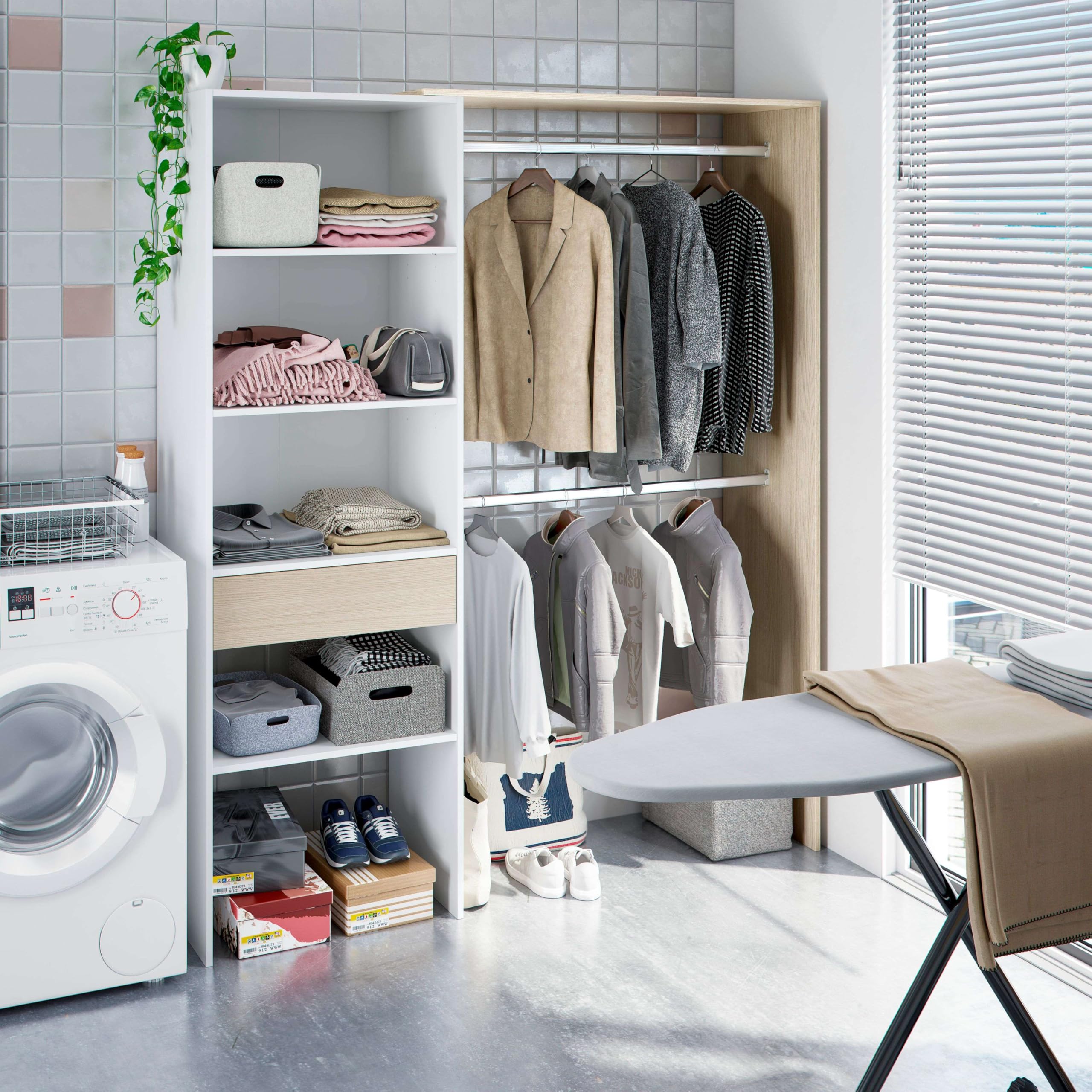 Habitdesign Armoire 2 tringles 4 étagères 1 tiroir 187 x 158 x 40 cm (H x l x P x P) - Dressing réversible Blanc « Artik » et chêne