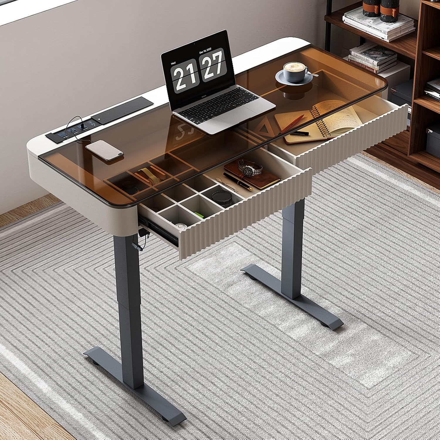 Lartis Office Desk, Electric Computer Lift Table Standing Desk with Drawer Charging USB Port, Home Office Laptop Table with Drawer (Ivory, 29.5" H x 50" W x 23" D)