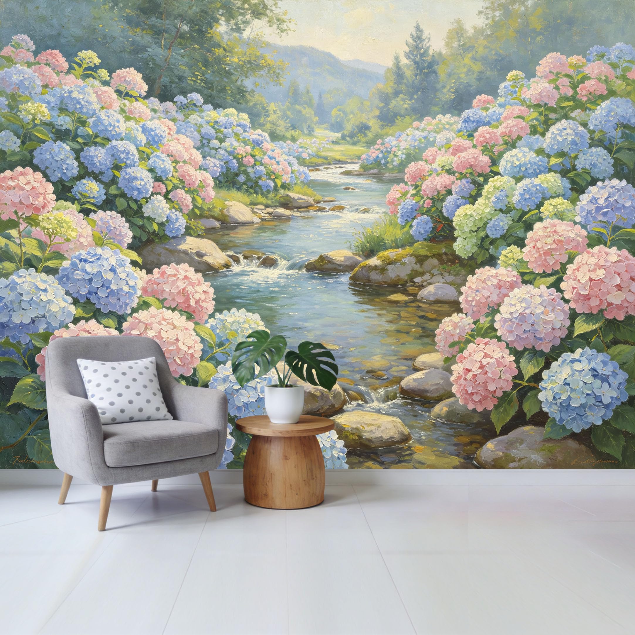 Qzlithotic Yq2605250700 Custom Size Wall Mural Pastel Hydrangea Flower River Landscape Oil Painting Selfadhesive Wall Fabric Removable Wallpaper For Home Office Decor