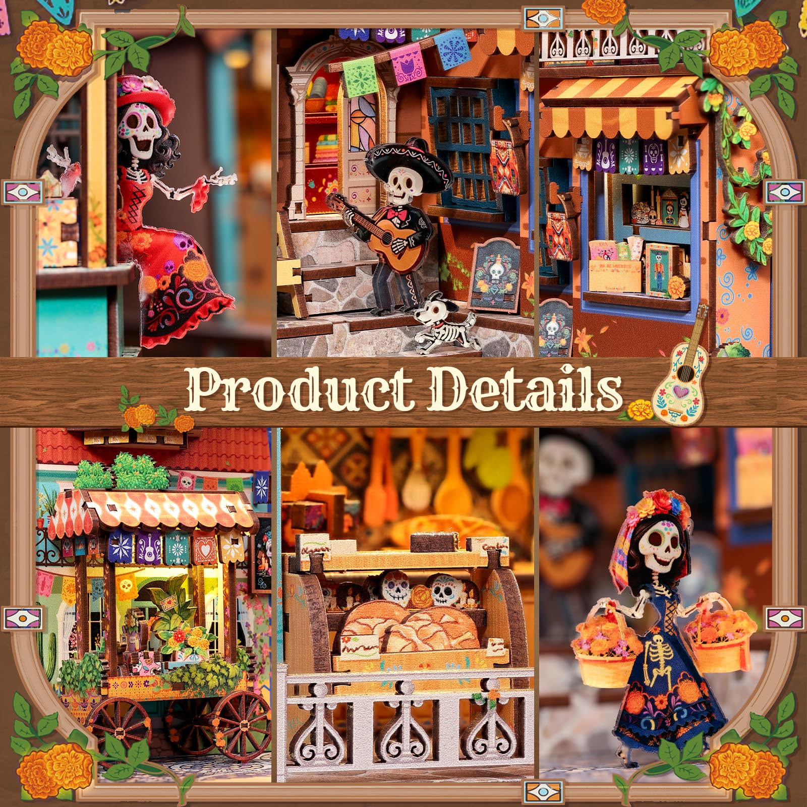 CUTEBEE Book Nook Kit - Casa de Muñecas DIY para Adultos, Maqueta en Miniatura para Montar, Rompecabezas 3D de Madera del Día de Muertos, Decoración para Estantería (Plaza de los Muertos)