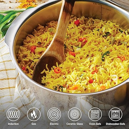 Miniatura 2 de Tramontina Utsava - Olla de acero inoxidable tricapa de 3.2 litros con tapa, olla Patila para cocina india