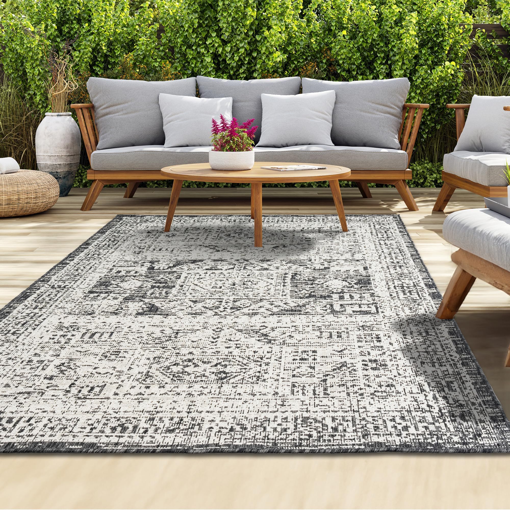 homeart Outdoor Rug - Easy-Clean, Durable, Stain-Resistant, Weather & UV Resistant Indoor & Outdoor Rugs for Porch, Deck, Balcony, Garden, Picnic and Patio | Vintage Black, Cream - 200x290cm