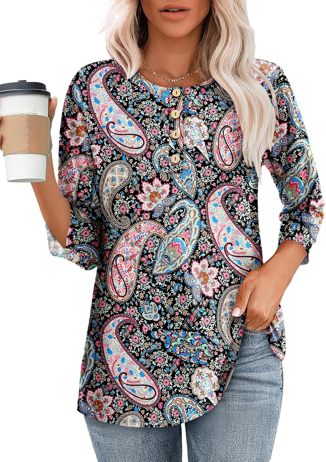 CRAZY GRID Womens Fashion 3/4 Sleeves Tops Fall Crew Neckline Loose Fitting Type Button Down Business Work T Shirts - Image 4