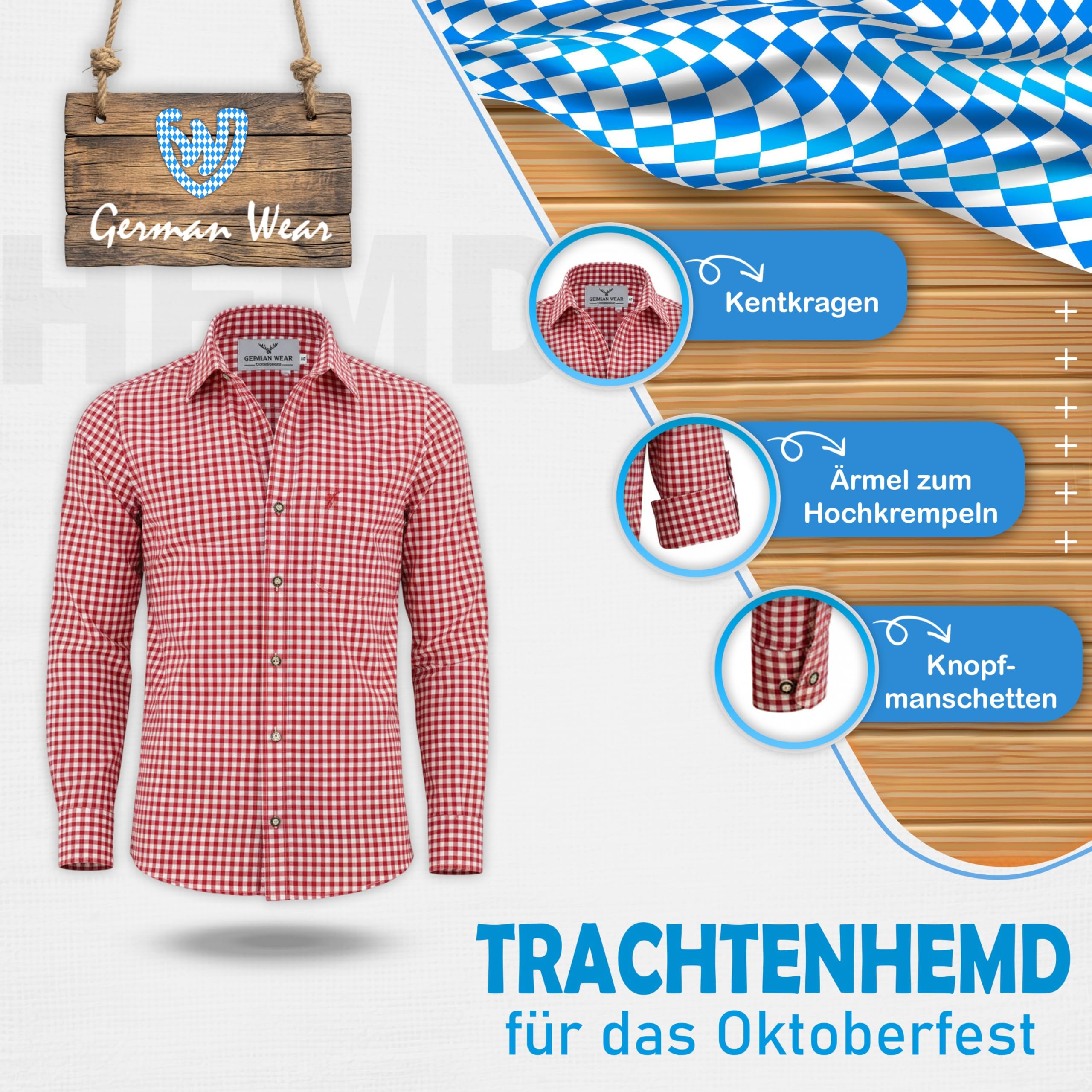 German Wear Trachtenhemden für Herren mit Langen Ärmeln, klassisches Karomuster, hochwertige bayerische Mode mit Hirsch-Stickerei und kardieten Ärmeln