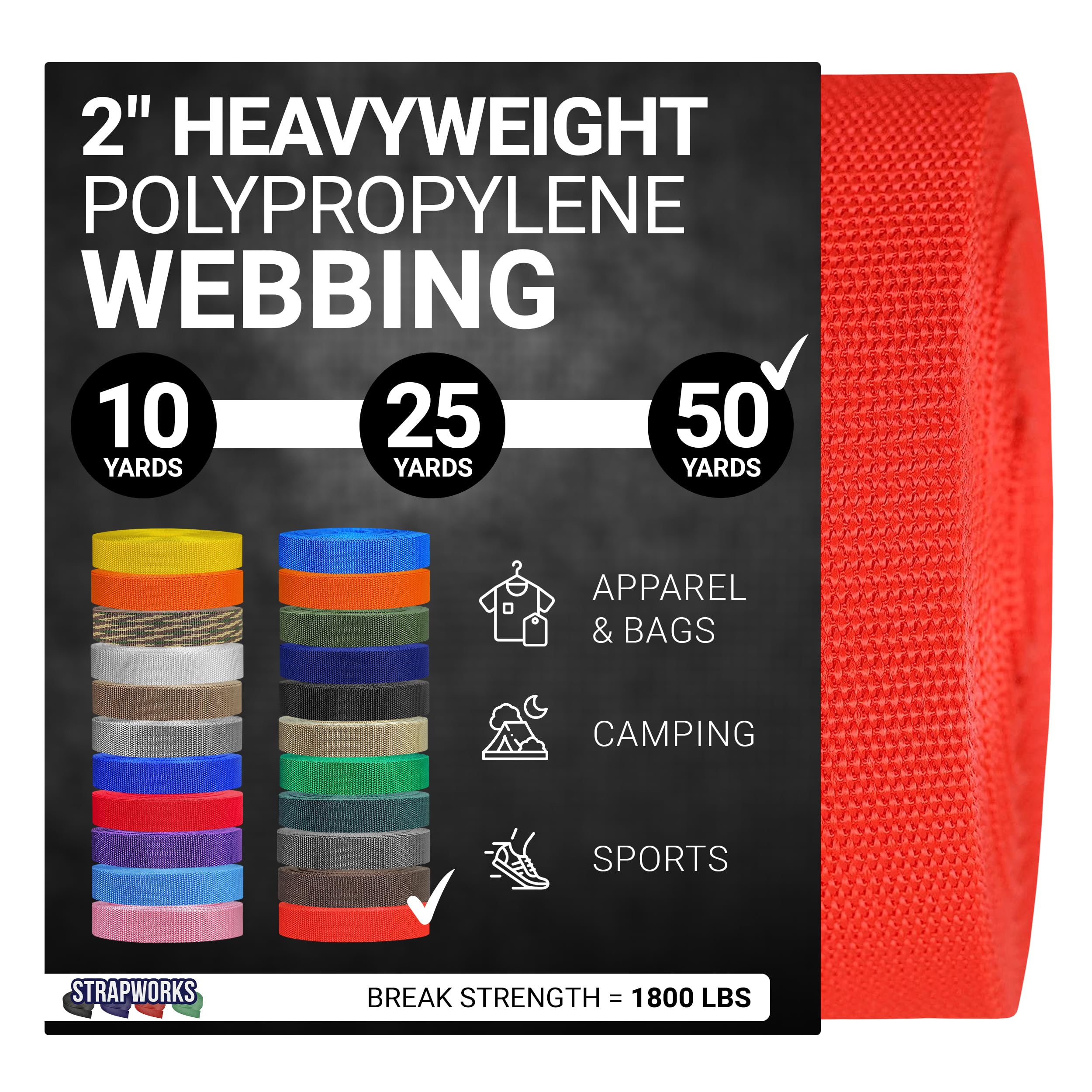 Strapworks Heavyweight Polypropylene Webbing - Heavy Duty Poly Strapping for Outdoor DIY Gear Repair 2 Inch x 50 Yards - Blood Orange