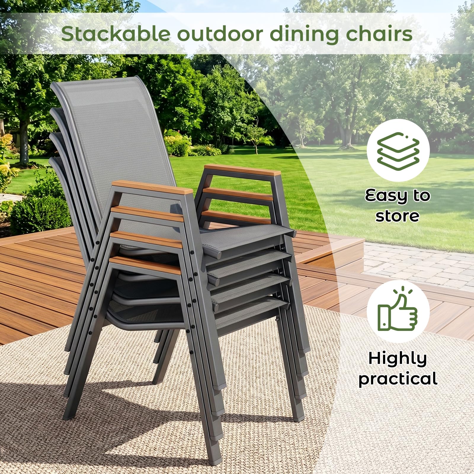 LIFERUN Gartenstühle stapelbar 4er Set Stapelstühle Hochlehner Terrassenstühle mit Armlehnen für Gärten, Innenhöfe, Balkone, Restaurants bis 150 kg Belastbar 54 x 73 x 90cm Grau