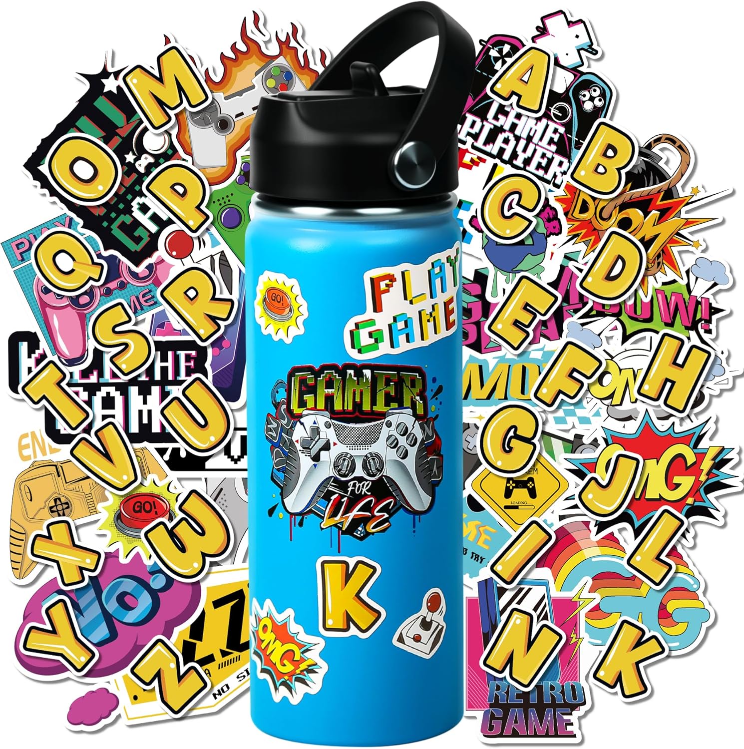 18oz Blue Insulated Water Bottle with Straw Lid for Kids School Double Wall Stainless Steel Water Bottle Gamer Water Bottle for Boys DIY Funny Stickers Gaming for Sports, Travel,Picnic and School