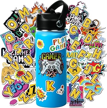 18oz Blue Insulated Water Bottle with Straw Lid for Kids School Double Wall Stainless Steel Water Bottle Gamer Water Bottle for Boys DIY Funny Stickers Gaming for Sports, Travel,Picnic and School