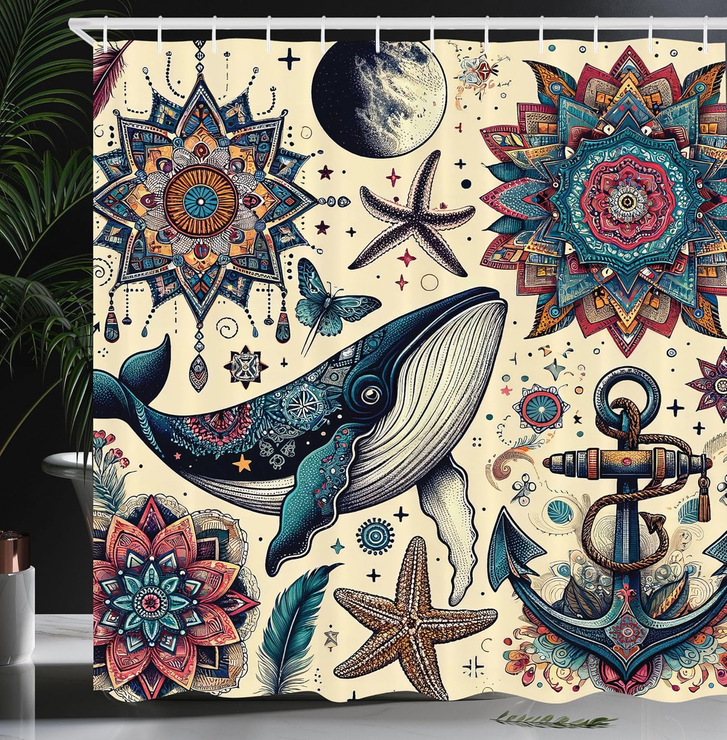 Ambesonne Nautical Shower Curtain, Classic Bohemian Style Marine Concept with Whale Mandala Feathers Anchor, Cloth Fabric Bathroom Decor Set with Hooks, 69" W x 70" L, Ivory Teal and Coral