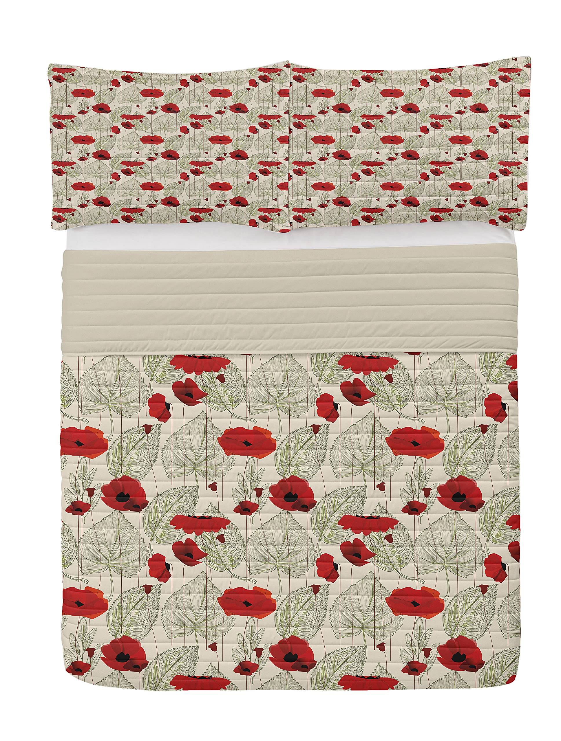 ambesonnePoppy Flower Microfiber Bedspread Set, Sketchy Tree Leaves Rural Floral Growth Botany Nature Inspired, Soft Bedding Set with Pillow Shams & Comforter, King Size, Scarlet Fern Green Beige