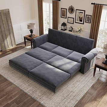 93.7" King Size Velvet Pull Out Sleeper Sofa Bed, 3-in-1 Convertible Couch Bed with Nailhead Trim & Rolled Arm, Multi-Functional Sleeper Couches with Pillows for Living Room Gray