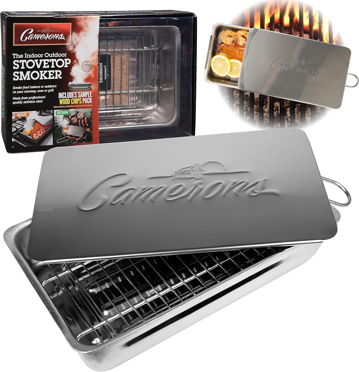 Camerons Ahumador de estufa para interiores y exteriores, astillas de madera de roble y guía de recetas | La caja para ahumar barbacoa de acero inoxidable funciona en cualquier estufa, parrilla de gas o carbón para ahumar carnes, regalo para asar para hombres