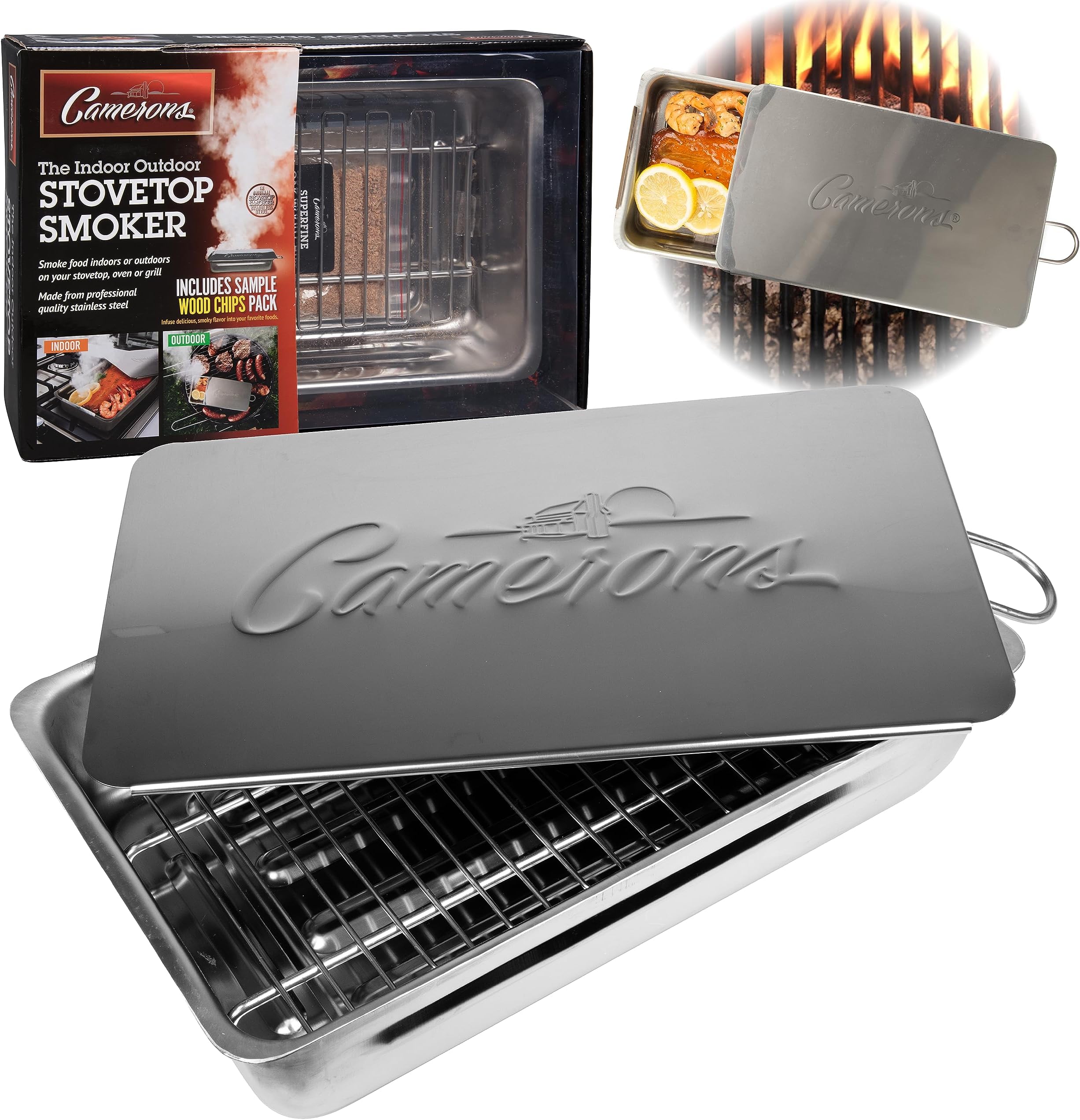 Camerons Indoor Outdoor Stovetop Smoker - Stainless Steel Barbecue Smoker Box w/Oak Wood Chips & Recipes - Works On Any Stovetop or BBQ Grill for Smoking Meats - Grilling Gift for Father's Day