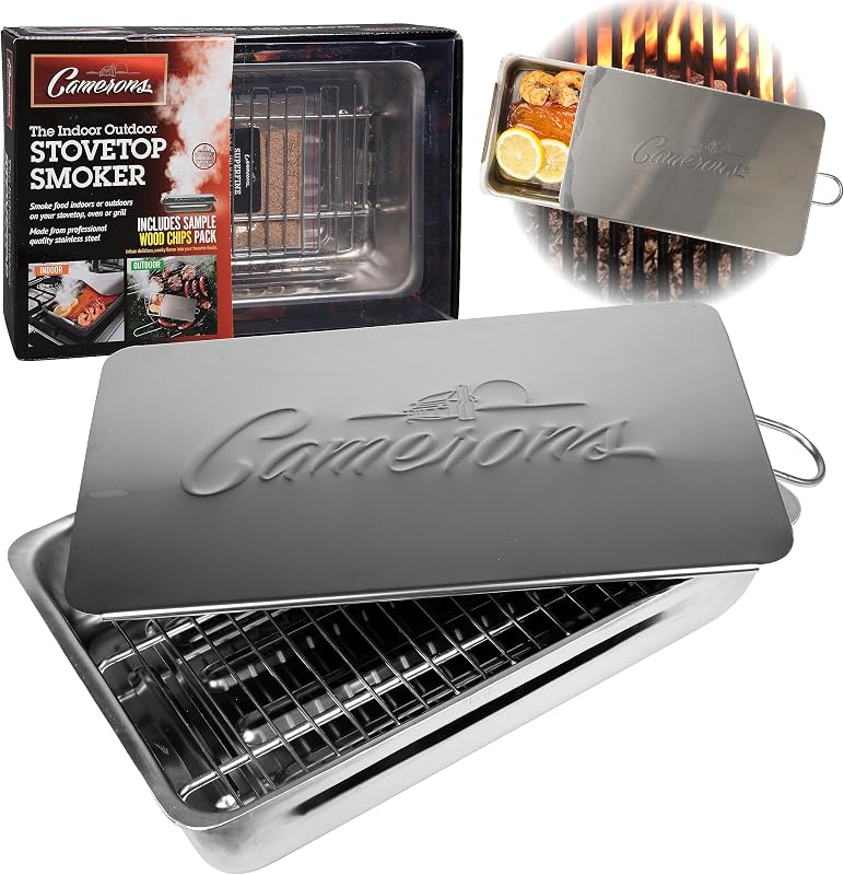 Camerons Ahumador de estufa para interiores y exteriores, astillas de madera de roble y guía de recetas | La caja para ahumar barbacoa de acero inoxidable funciona en cualquier estufa, parrilla de gas o carbón para ahumar carnes, regalo para asar para hombres