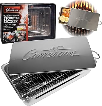 Camerons Indoor Outdoor Stovetop Smoker - Stainless Steel Barbecue Smoker Box w/Oak Wood Chips & Recipes - Works On Any Stovetop or BBQ Grill for Smoking Meats - Grilling Gift for Fathers Day